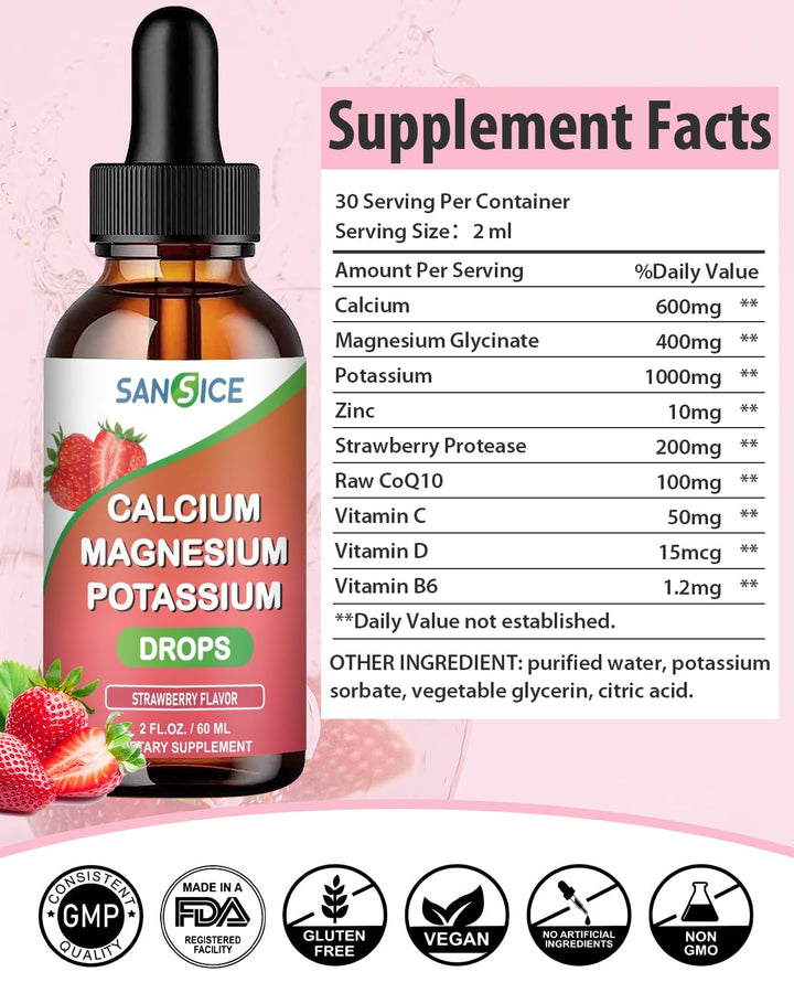 SANSICE Calcium Magnesium Potassium Supplements, Magnesium Glycinate 400mg Zinc Multivitamin Drops Calcium Potassium Supplement High Absorption Vegan Non GMO (60ml/Strawberry Flavor)