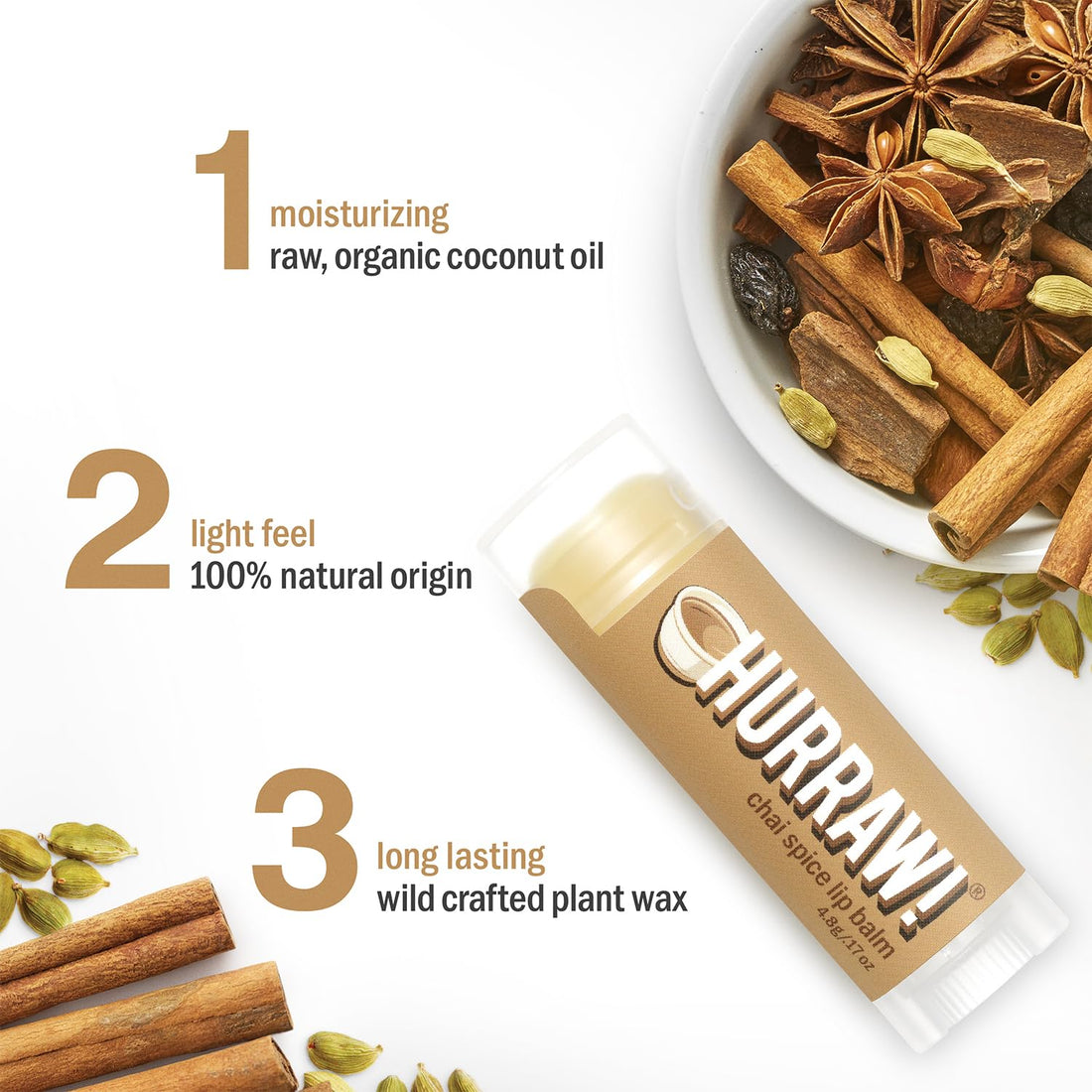 Hurraw! Chai Spice Lip Balm: Organic, Certified Vegan, Cruelty and Gluten Free. Non-GMO, 100% Natural Ingredients. Bee, Shea, Soy and Palm Free. Made in USA