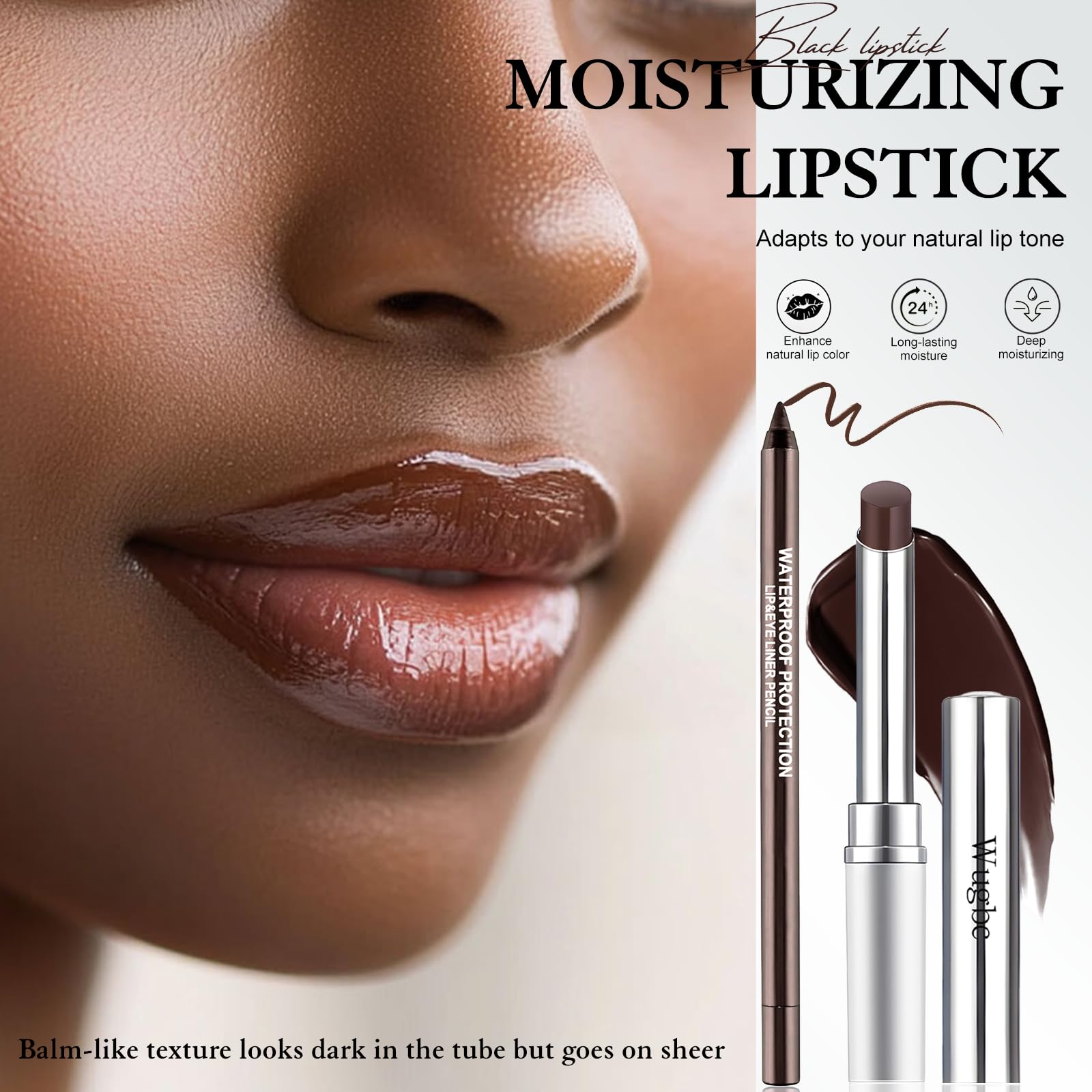 Wugbc Tinted Lip Balm Brown Lip Liner Set, Hydrating Formula Black Lipstick for Women, Matte Lip Liner and Lipstick Combo Natural Glossy Finish Makeup Lip Care Balm for Repairing Dry Lips