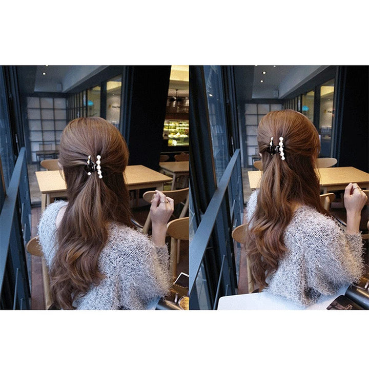 2 Pcs Man-Made Pearl Women Lady Girls Hair Black Clip Pin Claw Barrettes Accessories (1 Big + 1 Small)