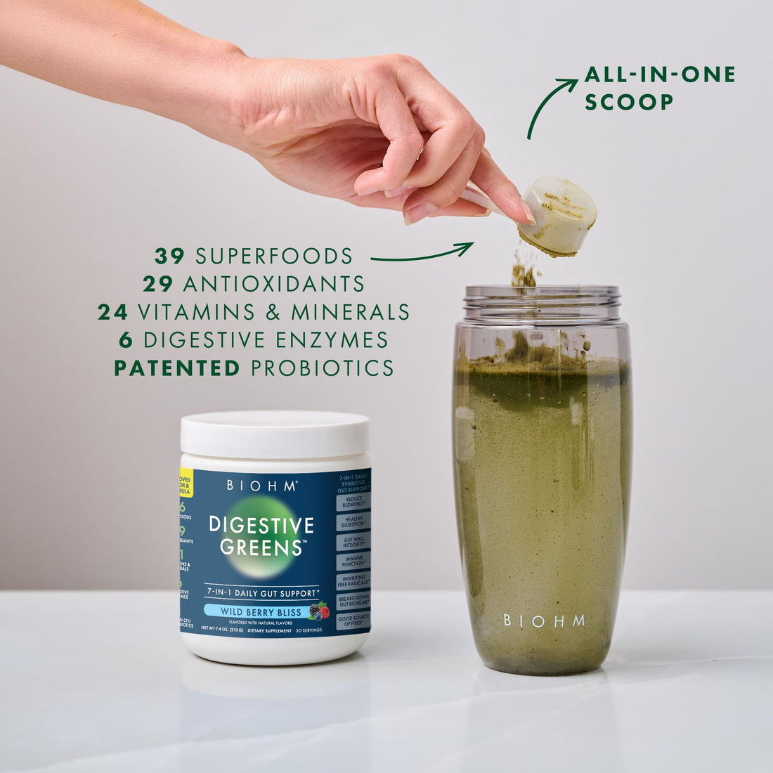 BIOHM Digestive Greens, Green Superfood Powder (7.4 Oz, 30 Servings) Immune & Gut Health Support with Antioxidants, Vitamins, Probiotics & Enzymes, Good Source of Fiber, Berry Flavor