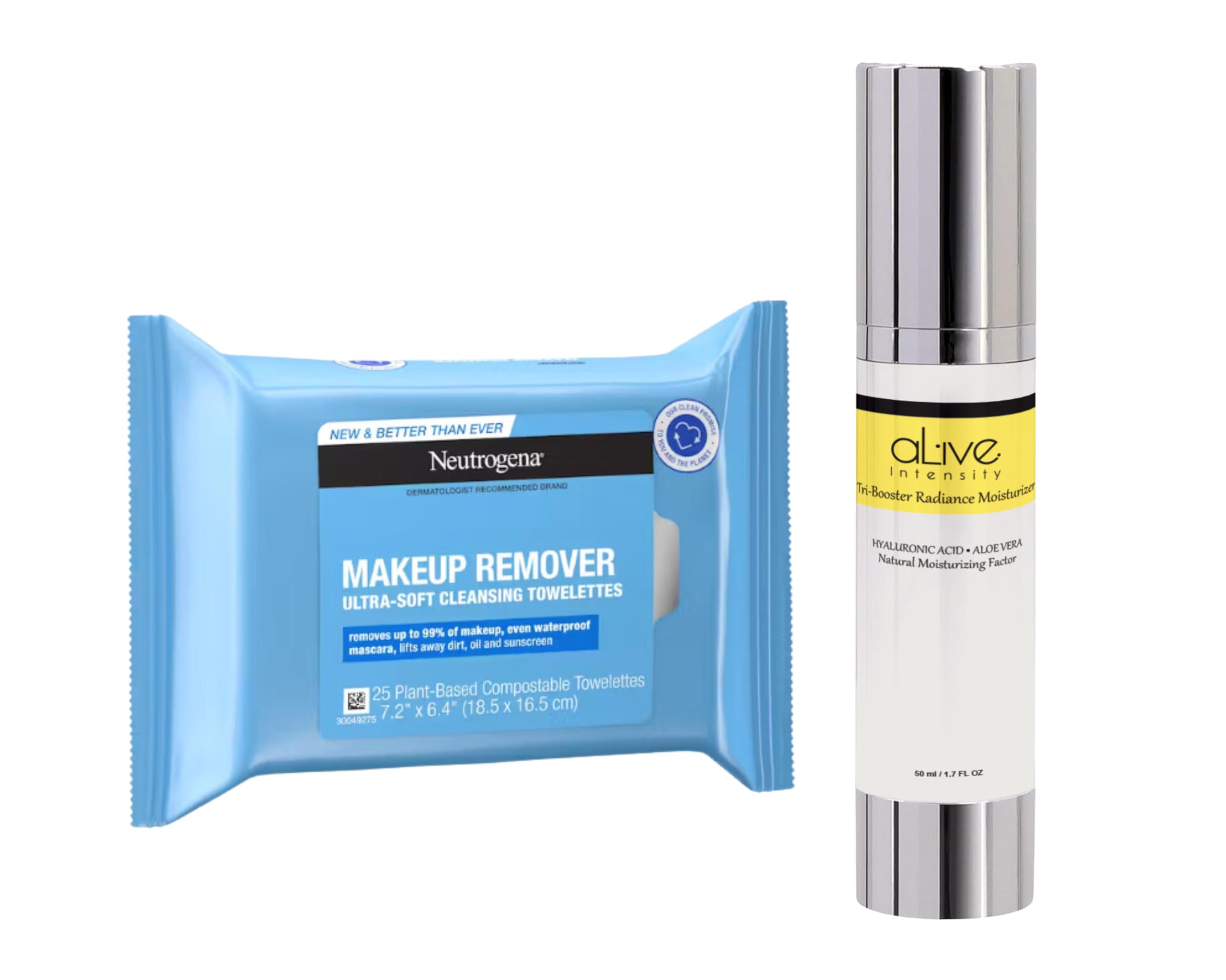 Neutrogena Cleansing Makeup Wipes Remover Facial 25ct. with Alive Intensity Tri-Booster Radiance Moisturizer 1.7 FL OZ Set (Neutrogena Remover Wipes + Tri-Booster Alive Intensity)