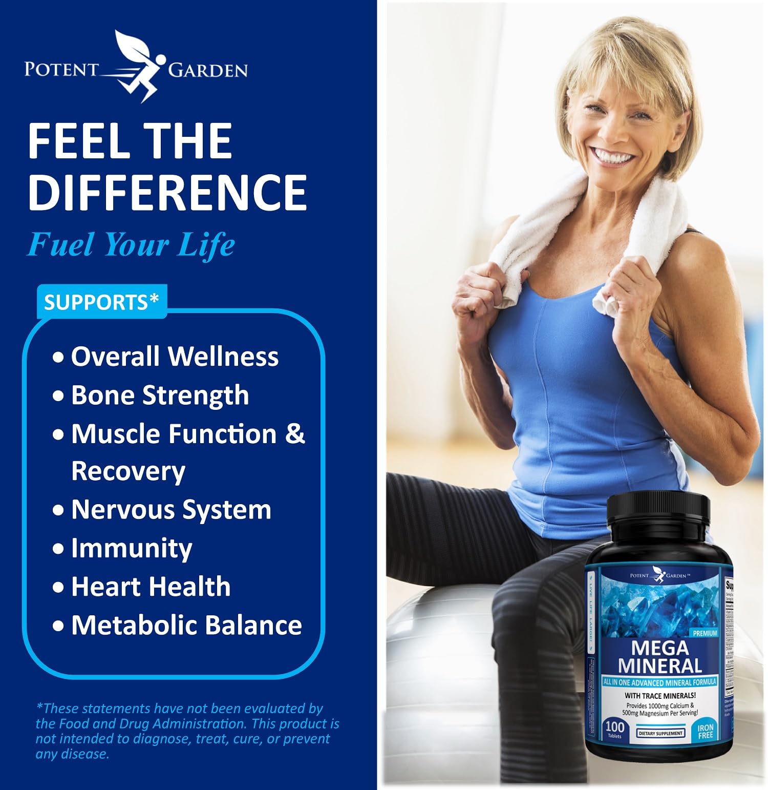 Potent Garden Mega Mineral Supplement Complete Mineral Complex with Calcium Magnesium Zinc Potassium Boron Selenium Chromium & 72 Trace Minerals Iron Free Calcium Supplement -100 Pills