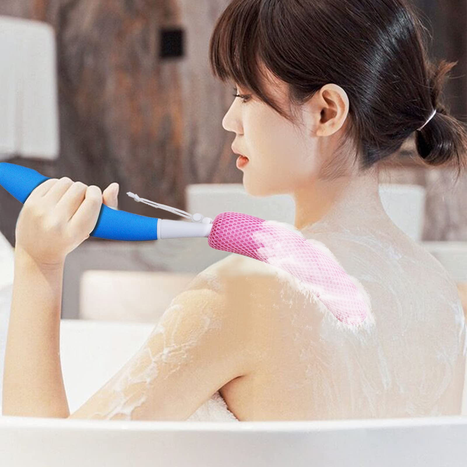 Shower Brush Body Skin Exfoliating Removable Bold Long Handle Back Washer Curved Back Scrub Brush Massage Bath Brush Extra Large Curved Handle European and American Hand-Shaped(Blue-White)