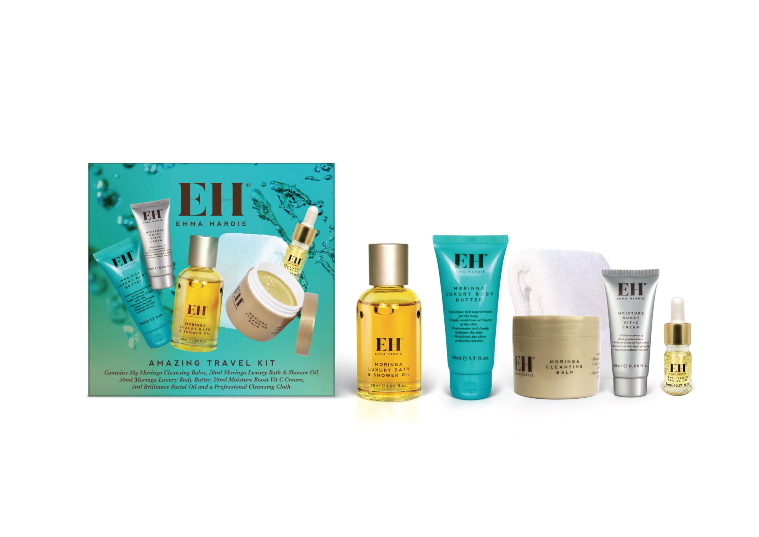 Emma Hardie 5pcs Amazing Travel Kit: 30ml Moringa Cleansing Balm, 50ml Moringa Luxury Bath & Shower oil, 50ml Moringa Luxury Body Butter, 20ml Moisture Boost Vit C Cream, 5ml Brilliance Facial Oil