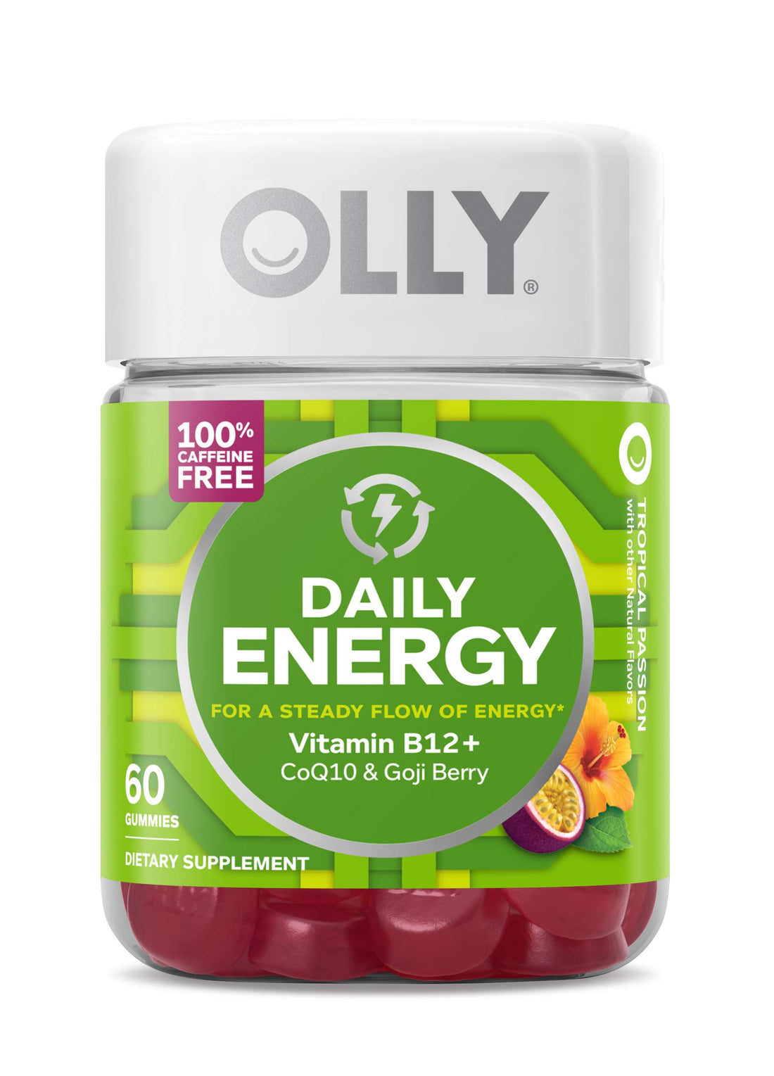 Olly Daily Energy Gummy Caffeine Free Vitamin B12 Coq10 Goji Berry, Tropical Flavor, 60, 720 Count, (Pack of 12)