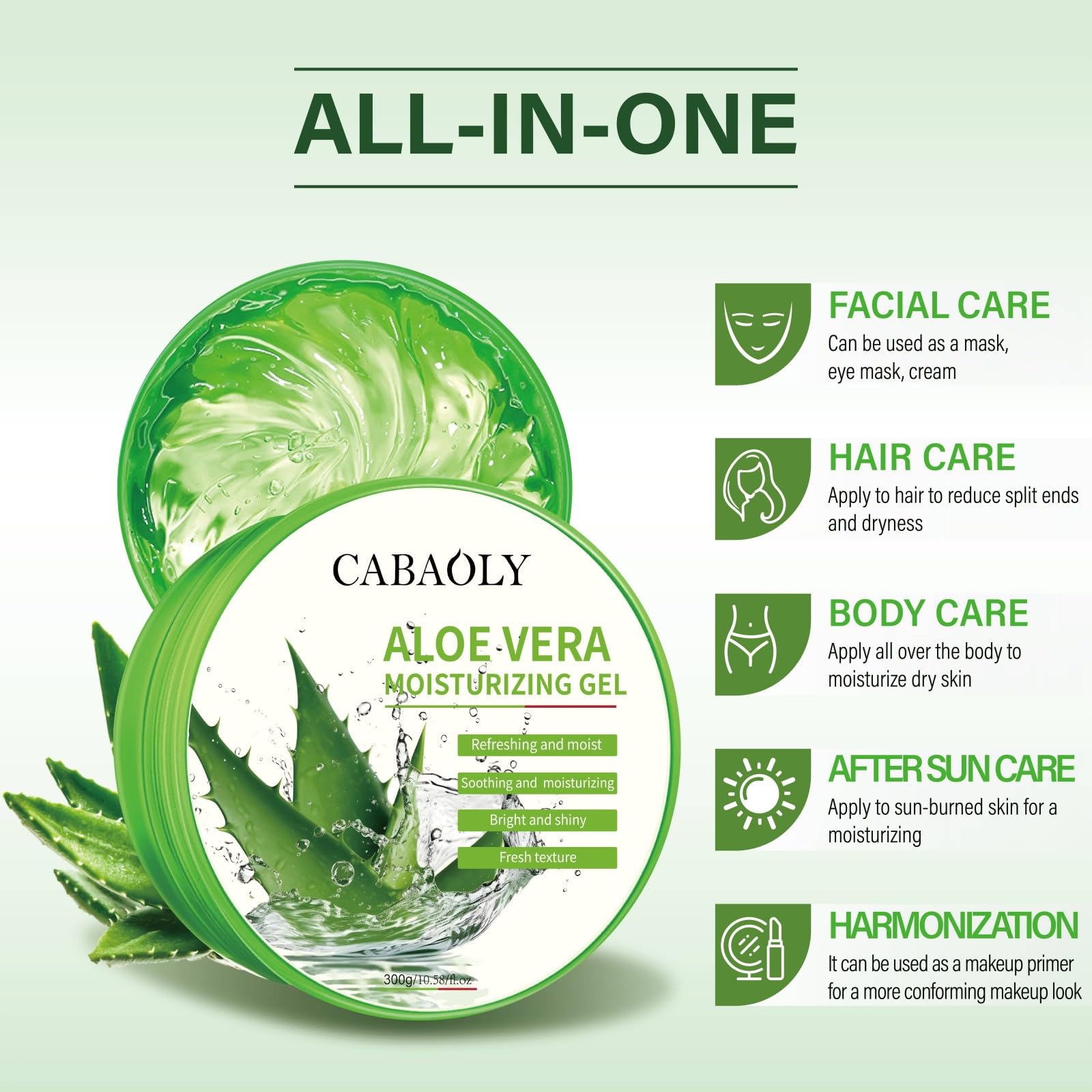 CABAOLY-Organic Natural Pure Aloe Vera Gel Face, Non-Sticky Aloe Vera Gel That Naturally Moisturizes and Relieves Sunburn and Deeply Moisturizes