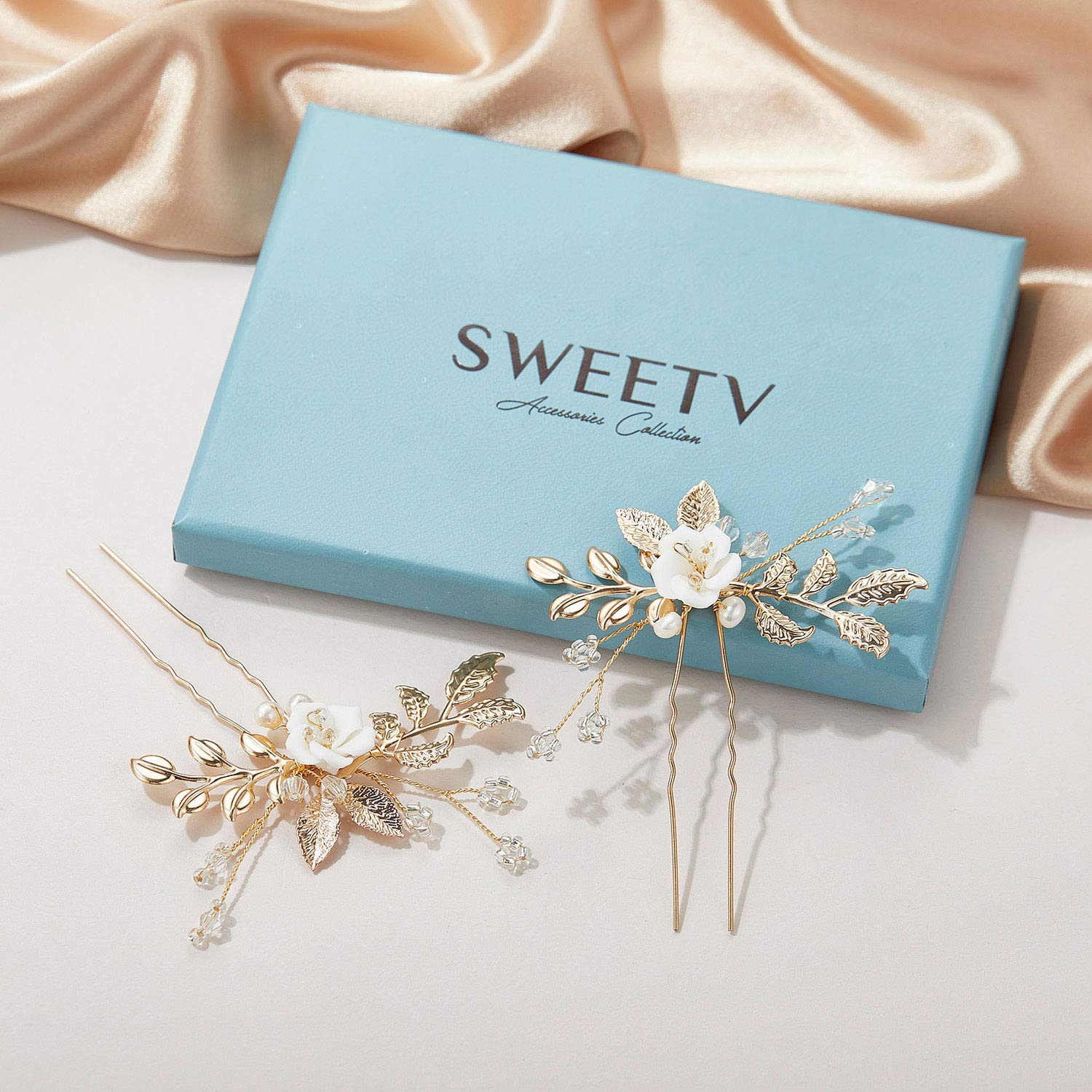 SWEETV 2Pcs Bridal Hair Accessories,Glod Wedding Hair Pins Pieces With White Flowers for Brides
