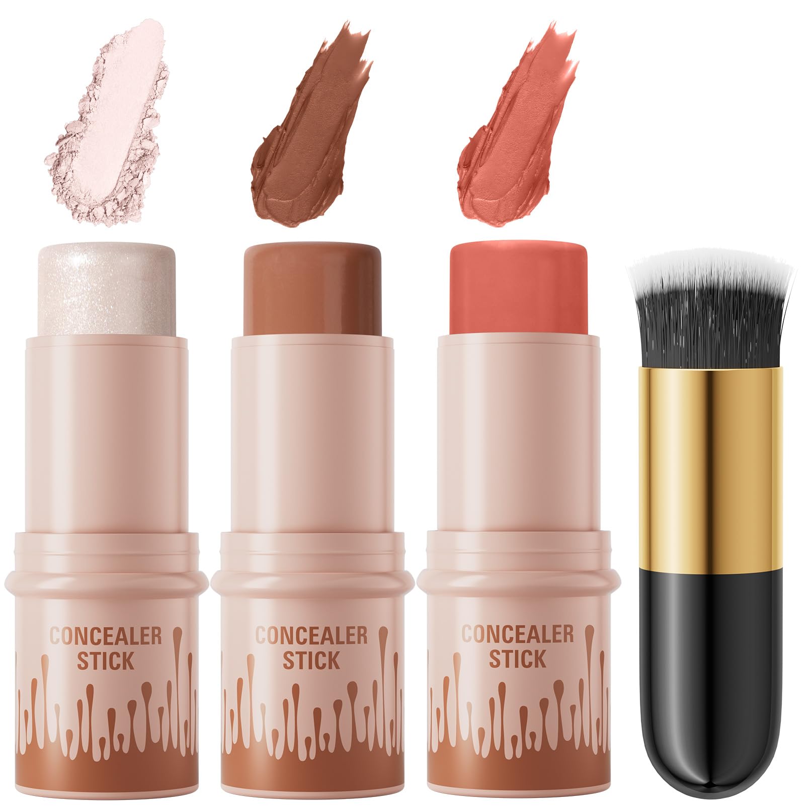 3Pcs Cream Contour Sticks Kit, Highlighter Stick Blush Stick Cream Contour Kit Makeup Set with Brush,Face Brightens & Shades Contour Stick Waterproof for Women Girls(9507-01-05-12, C)