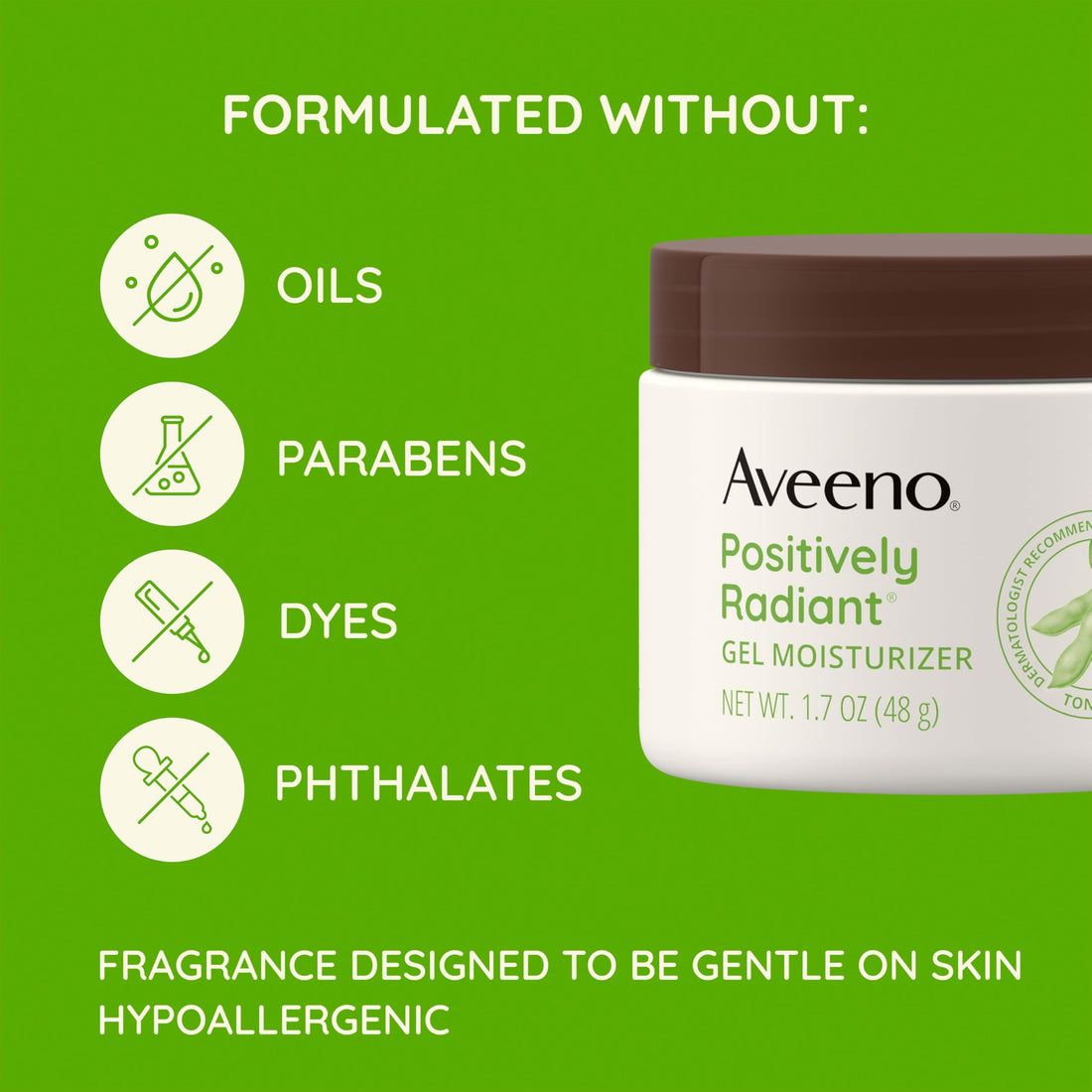 Aveeno Positively Radiant Daily Gel Facial Moisturizer with Hyaluronic Acid & Tone-Correcting Soy, Hydrating & Brightening Gel Face Cream Evens Skin Tone & Texture, Hypoallergenic, 1.7 oz