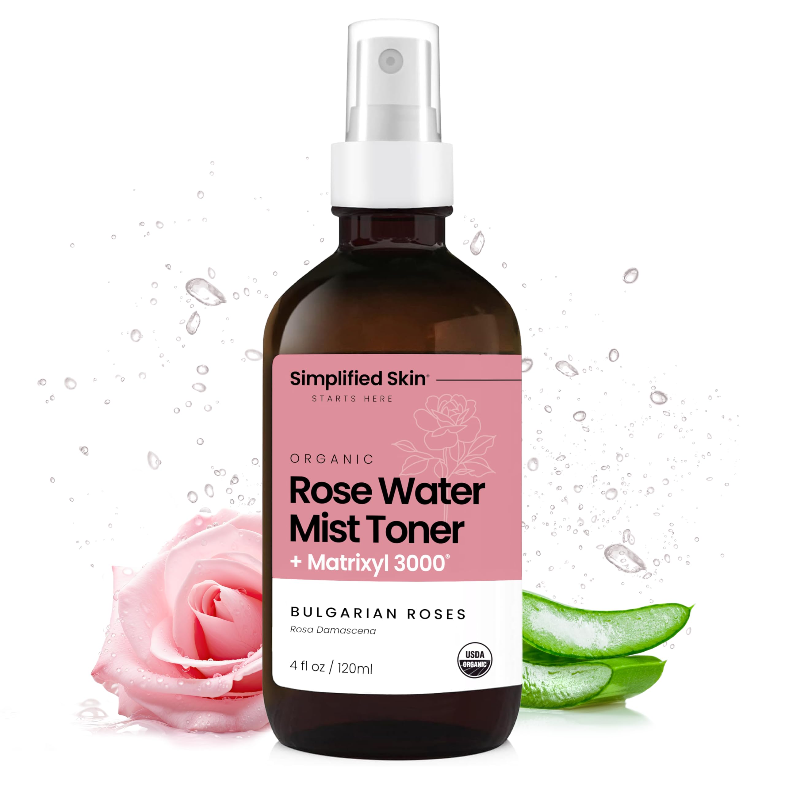 Rose Water Spray for Face with Matrixyl 3000 - Organic Rosewater Face Mist with Aloe Vera & Hyaluronic Acid - Hydrating, Reduces Fine Lines, Boosts Collagen Production, & Soothes Skin - 4 Fl Oz
