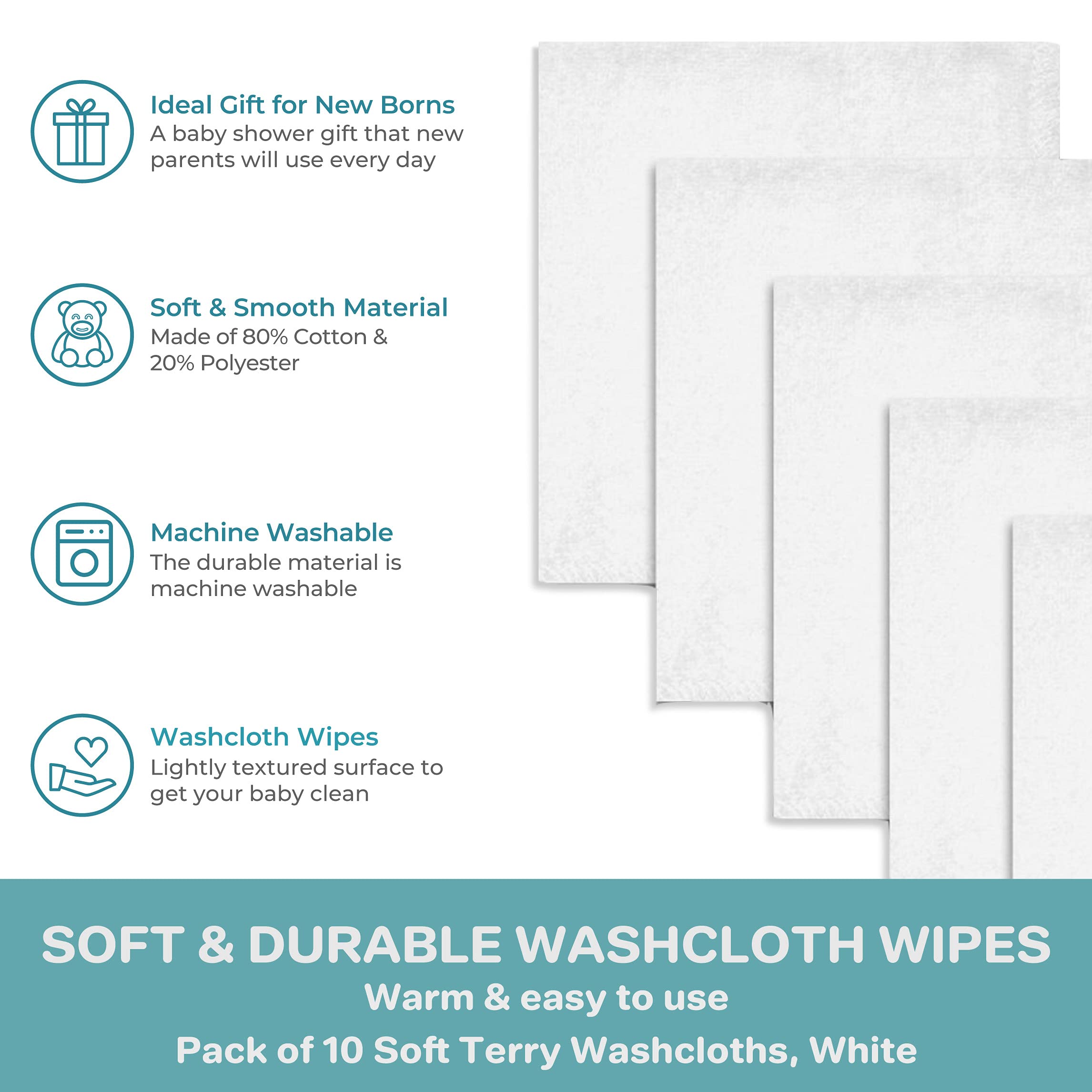 Spasilk Washcloth Wipes Set for Newborn Boys and Girls, Soft Terry Washcloth Set, Pack of 10, White, (010-WTE)