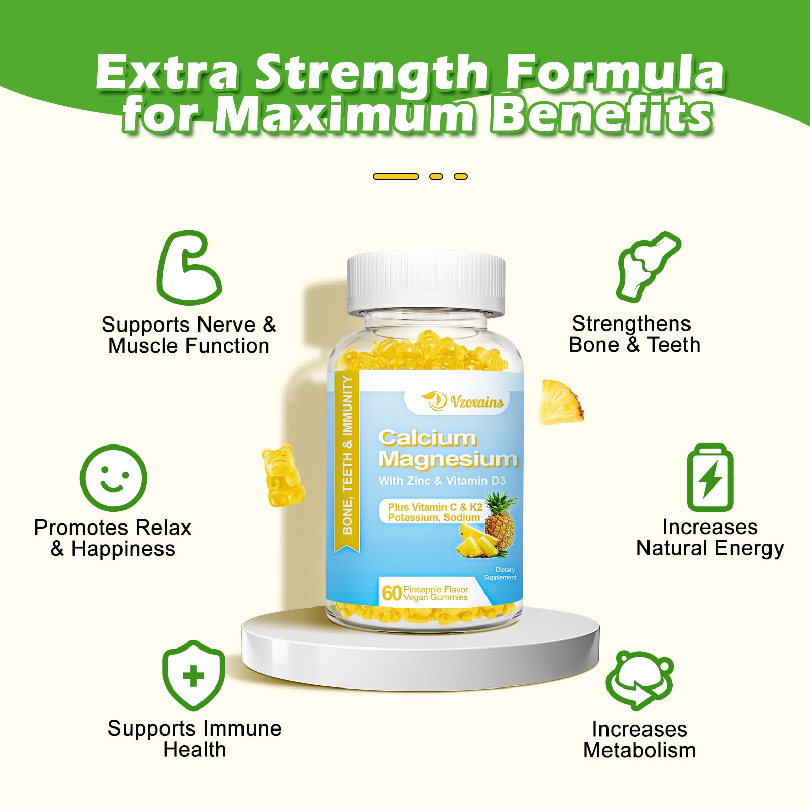 High Absorption Calcium Gummies, Sugar Free Calcium Magnesium Gummies with Vitamin D3 for Men and Women, Pineapple Flavor 120 Cts