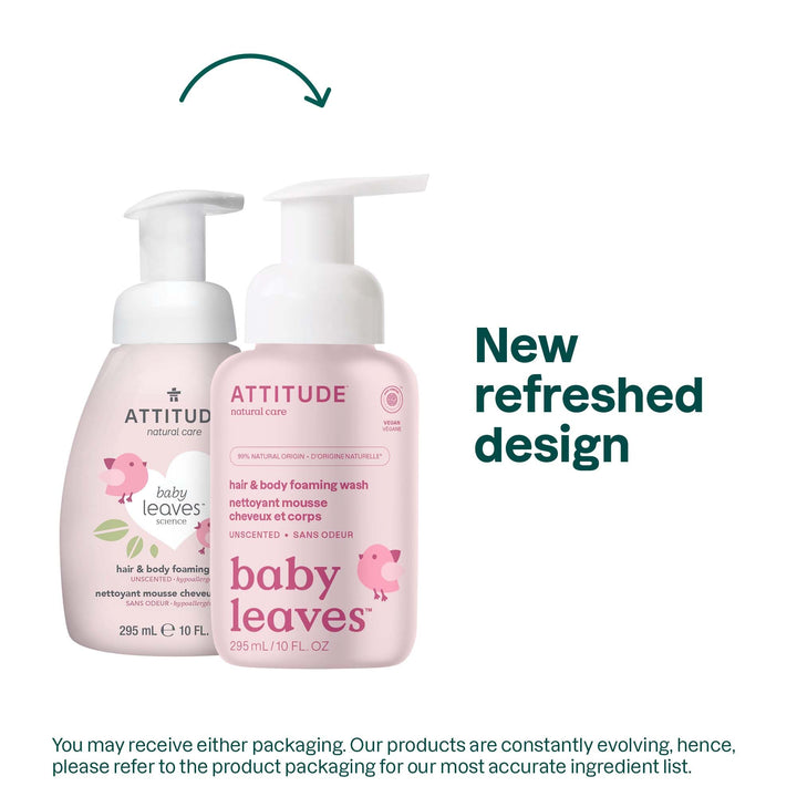 ATTITUDE 2-in-1 Natural Hair and Body Foaming Wash for Baby, EWG Verified Shampoo, Hypoallergenic Bath Soap, Fragrance-Free, 10 Fl. Oz.