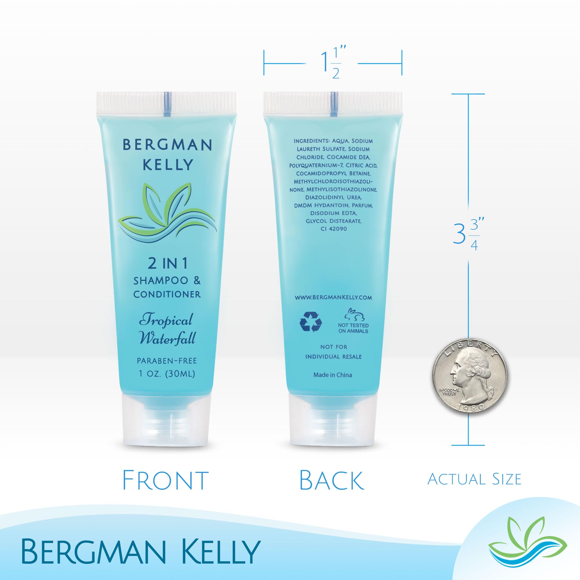 BERGMAN KELLY Round Soap Bars, 2in1 Shampoo & Conditioner 2-Piece Set (Tropical Waterfall, 1 oz each, 100 pc), Delight Your Guests with Revitalizing & Refreshing Sanitary Toiletries & Hotel Amenities