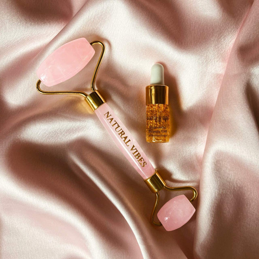 Natural Vibes Rose Quartz Face Yoga Roller with FREE Gold Beauty Elixir Oil |Removes Face Fat & Double Chin | Reduces Puffiness | Uplifts & Tightens Skin | Adds Glow and Brightness |100% Pure Stone