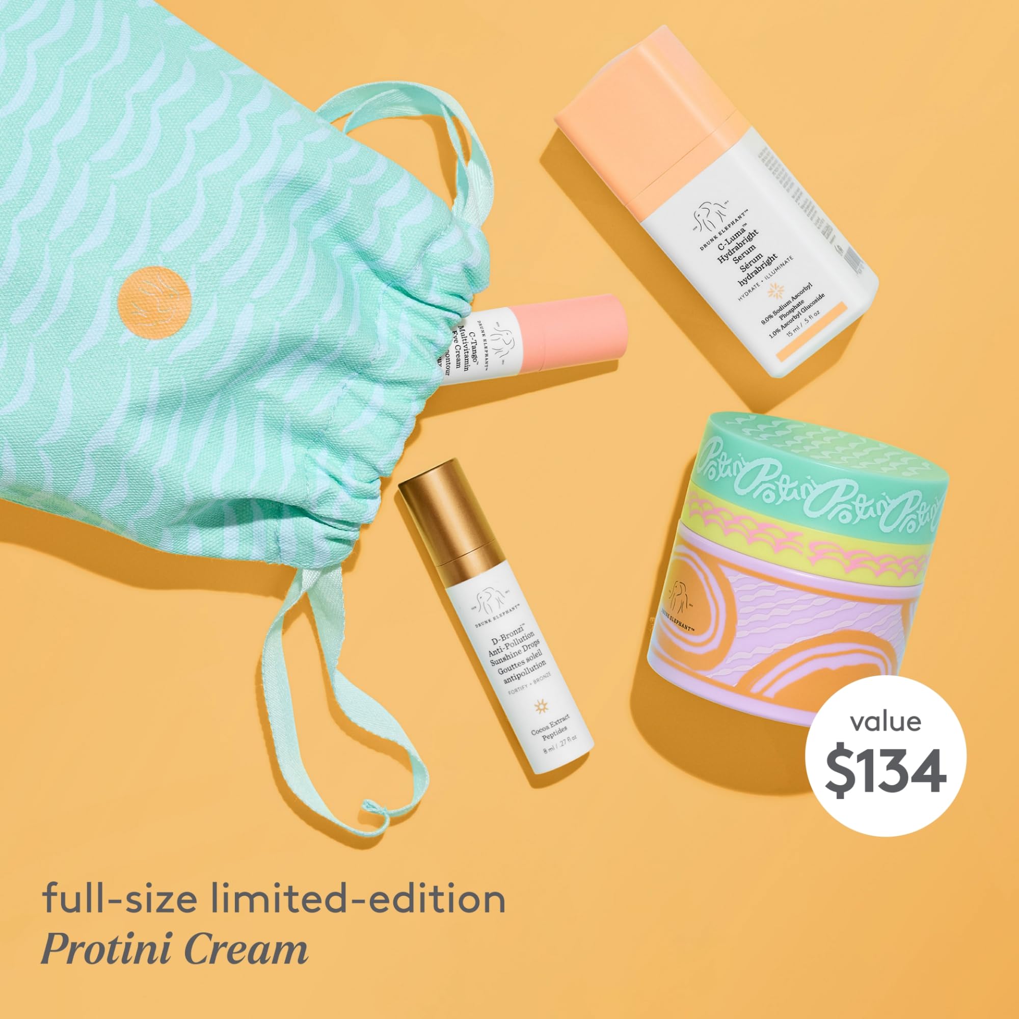 Drunk Elephant Daytime Exhibit - Protini Polypeptide Cream (50ml/1.69 fl oz), D-Bronzi (8ml/.27 fl oz), C-Luma Hydrabright Serum (15ml/.50oz), C-Tango Eye Cream (5ml/.16 fl oz) - Holiday Gift Set