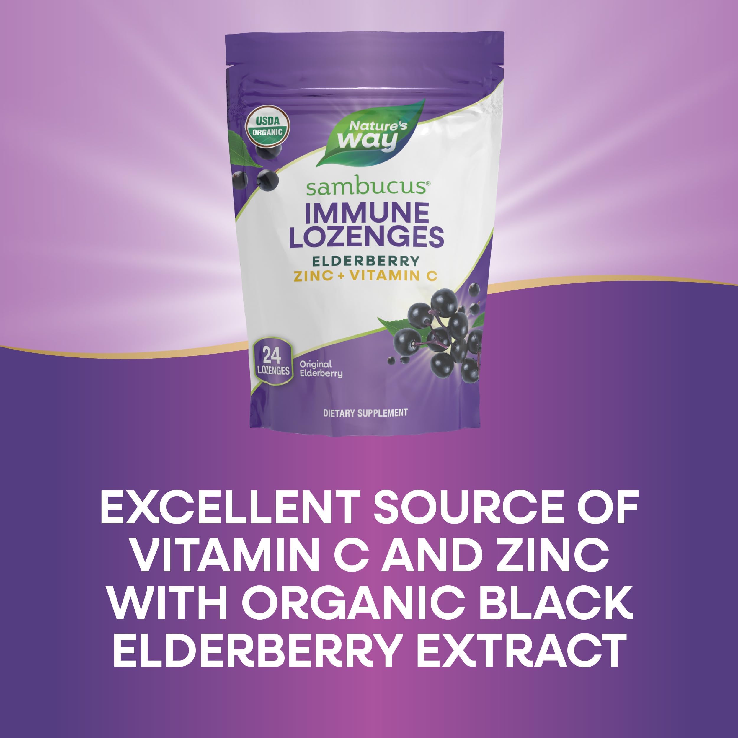 Nature’s Way Sambucus Organic Zinc Lozenges, Elderberry and Zinc Lozenges with Vitamin C, Certified Organic, Berry Flavored, 24 Lozenges
