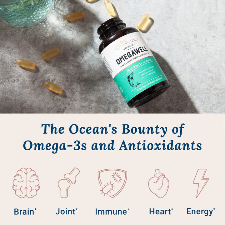 OmegaWell Omega 3 Fish Oil - 2000mg Capsules: Heart, Brain, & Joint Support - 800 mg EPA 600 mg DHA - Sustainably Sourced - Softgels - 30 Day Supply