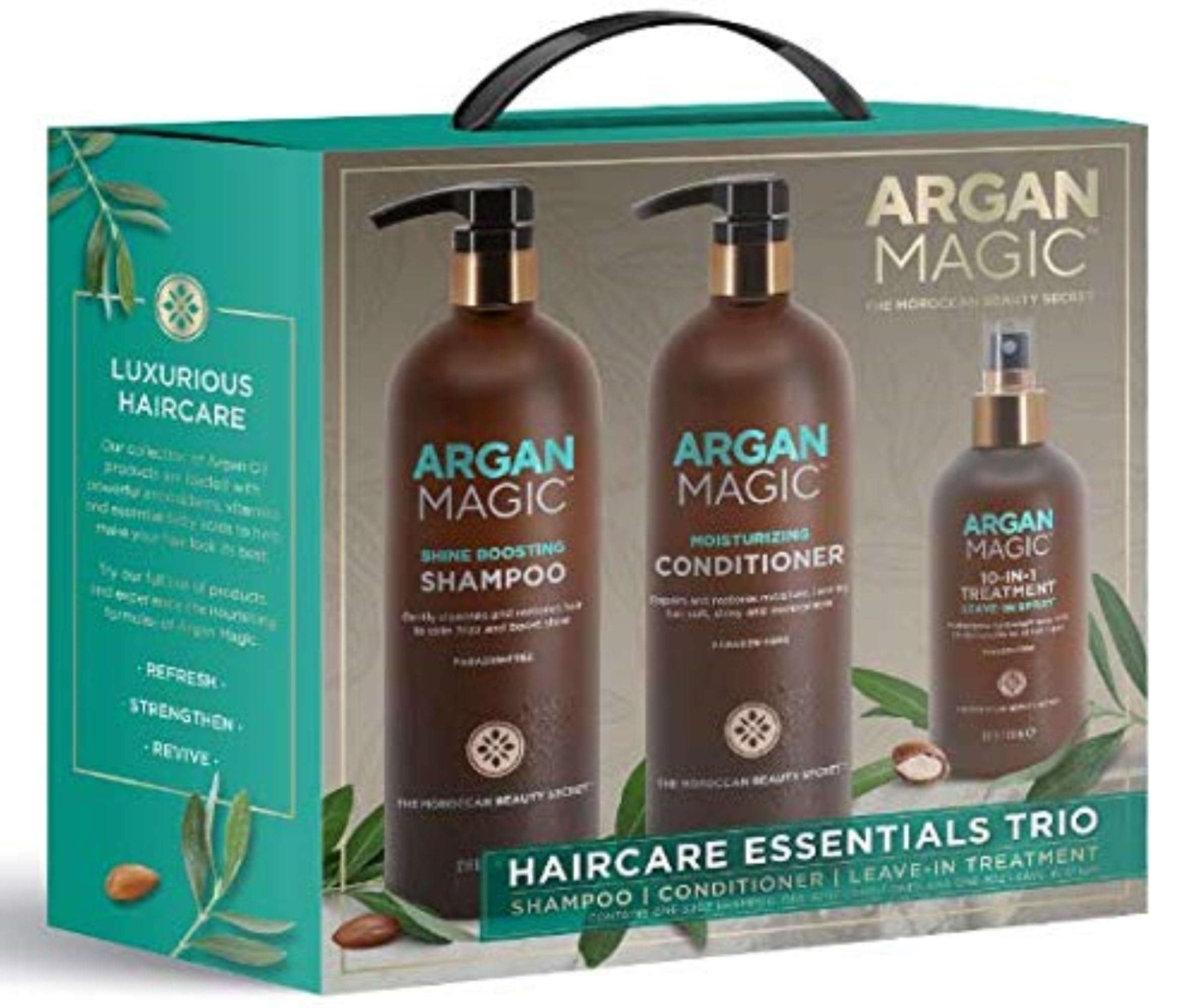 ARGAN MAGIC Hair Care Essentials Trio - Shine Boosting Shampoo | Moisturizing Conditioner | 10 in 1 Leave in Spray | Restores Shine & Elasticity | Hydrates | Detangles | Made in USA (32 oz / 8 oz)