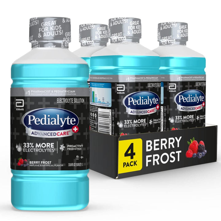 Pedialyte AdvancedCare+ Electrolyte Drink with 33% More Electrolytes and has PreActiv Prebiotics, Berry Frost, 1 Liter, 4 Count