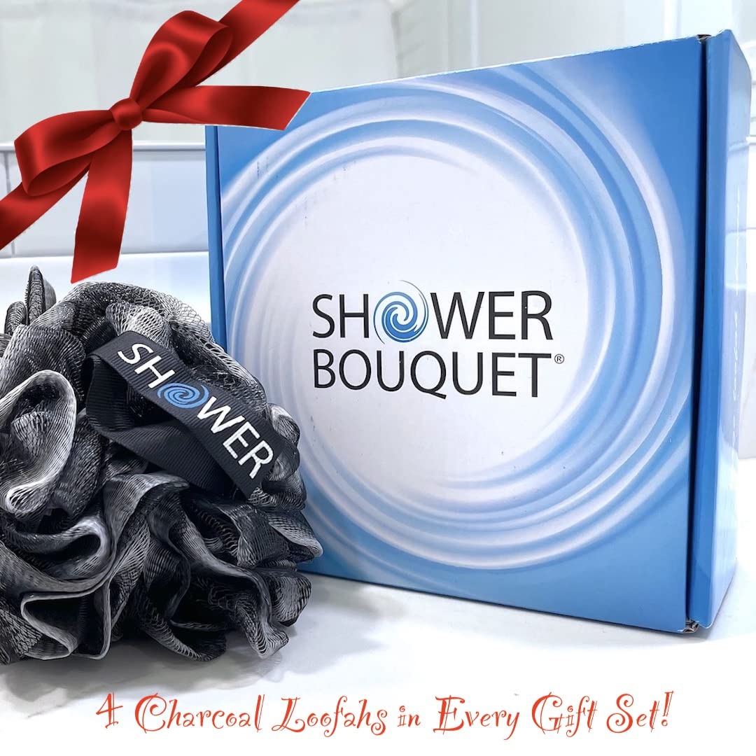 Loofah Charcoal Bath Sponge XL 75g Set by Shower Bouquet: 4 Pack, Extra Large Mesh Pouf Soft Scrubber for Men and Women - Exfoliate with Big Black & White Gentle Cleanse in Beauty Bathing Accessories