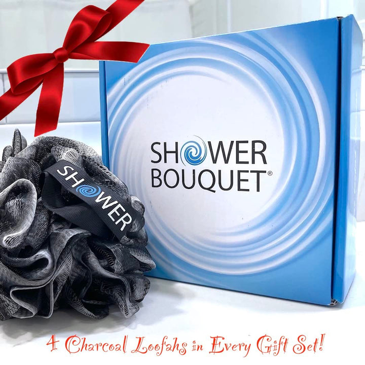 Loofah Charcoal Bath Sponge XL 75g Set by Shower Bouquet: 4 Pack, Extra Large Mesh Pouf Soft Scrubber for Men and Women - Exfoliate with Big Black & White Gentle Cleanse in Beauty Bathing Accessories