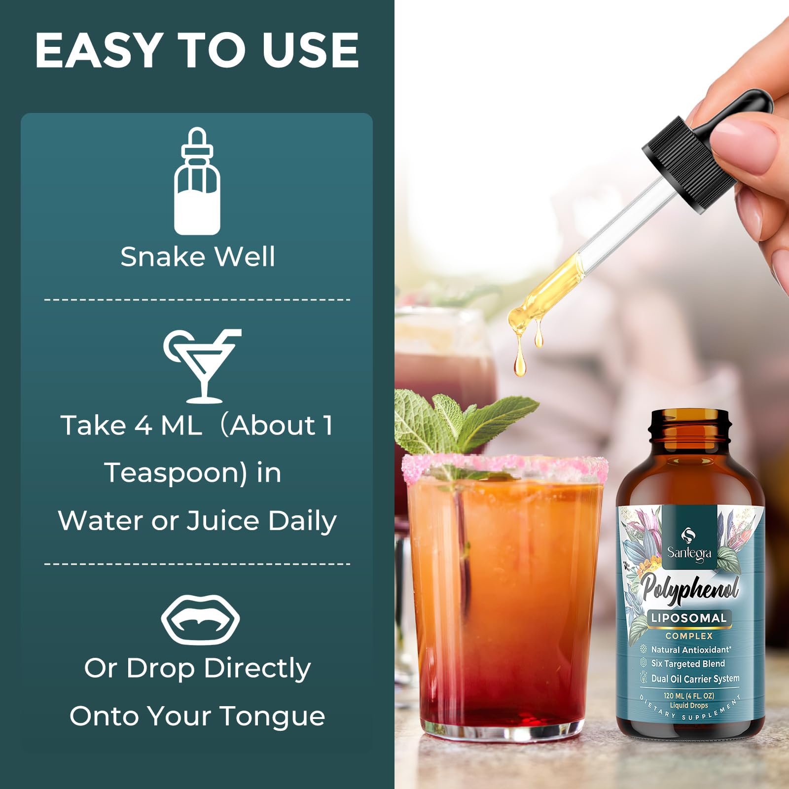 Polyphenols Supplement Liposomal, Over 27 Polyphenol Complex & Powerful Antioxidant, with MCT & Olive Oil, Quercetin Extract, Hawthorn Berry Extract, for Age Defense, Energy, Immune, 120 ML