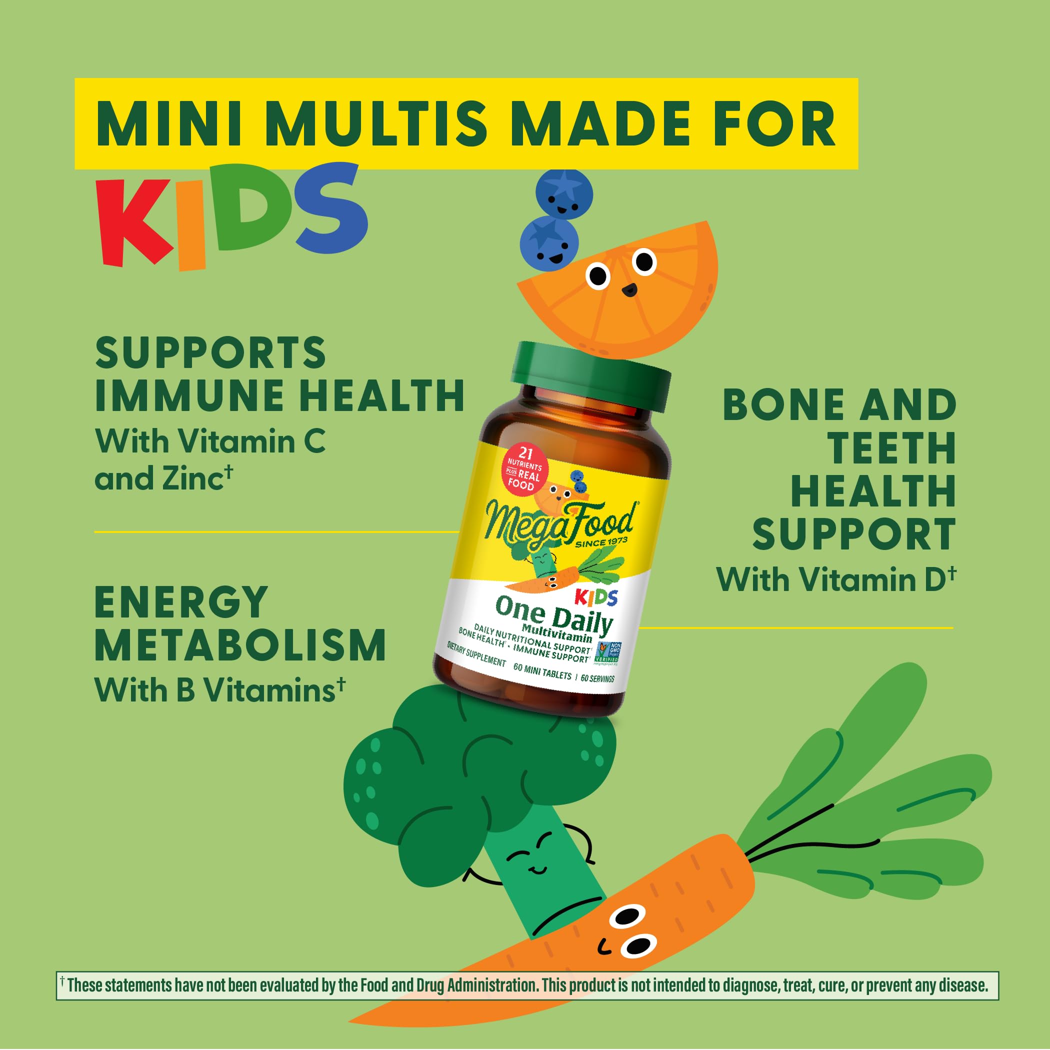 MegaFood Kids One Daily Multivitamin - Convenient Mini Multivitamin For Kids - Kids Vitamins With Zinc, Vitamin C, B Vitamins & Vitamin D - Vegetarian, Gluten Free, Non GMO - 60 Tablets, 60 Servings