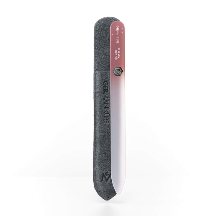Crystal glass nail file in leather case, 3mm thick. DEAR MOM: I LOVE YOU