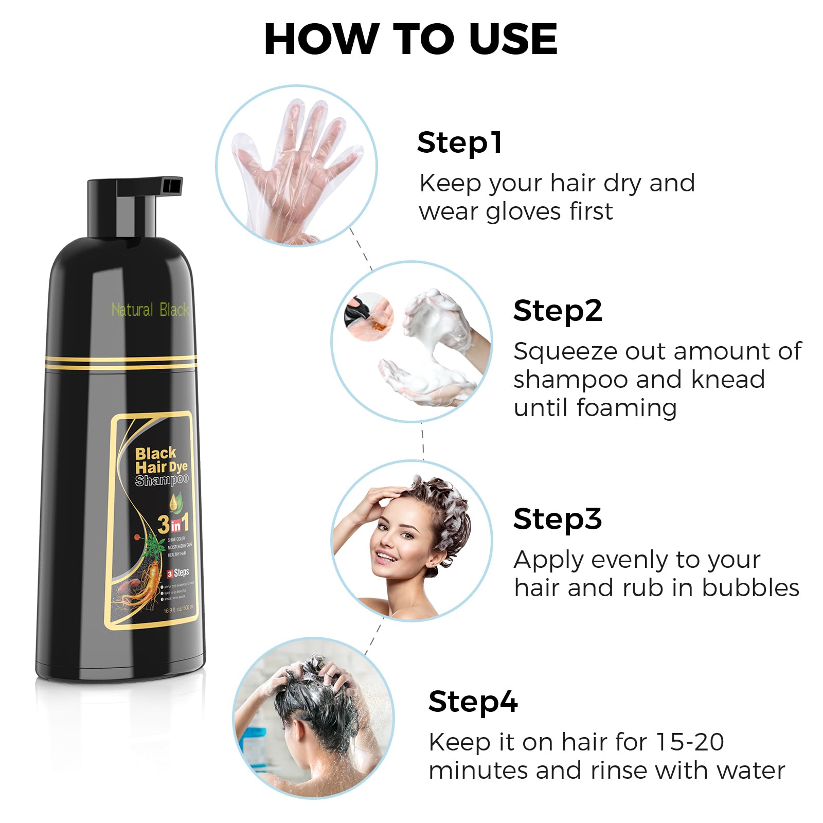 BELEZALIB Instant Black Hair Dye Shampoo for Women Man Hair Color Shampoo for Gray Hair - 100% Gray Coverage - Natural Plant Hair Dye 3 in 1, 16.9Fl OZ