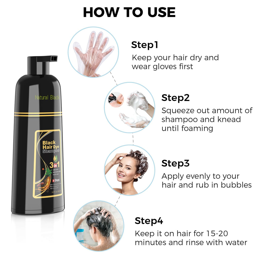 BELEZALIB Instant Black Hair Dye Shampoo for Women Man Hair Color Shampoo for Gray Hair - 100% Gray Coverage - Natural Plant Hair Dye 3 in 1, 16.9Fl OZ