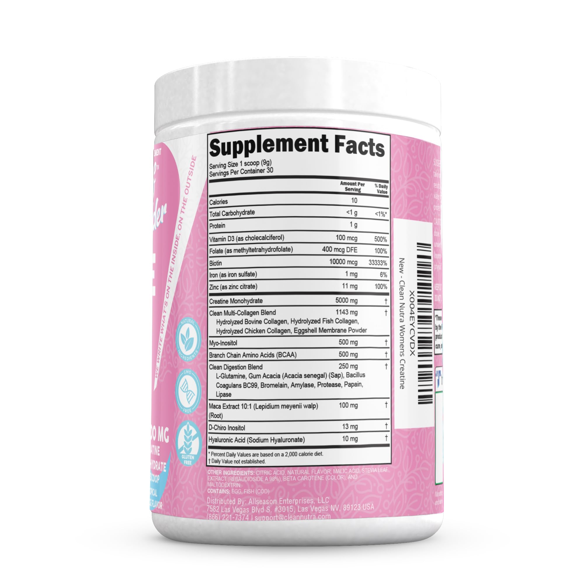 Creatine for Women | Creatine Monohydrate + BCAA Powder Myo-Inositol Collagen Biotin Hyaluronic Acid Folate L Glutamine Vitamin D3 Iron Zinc D-Chiro-Maca Digestion Shelf Builder by Clean Nutra