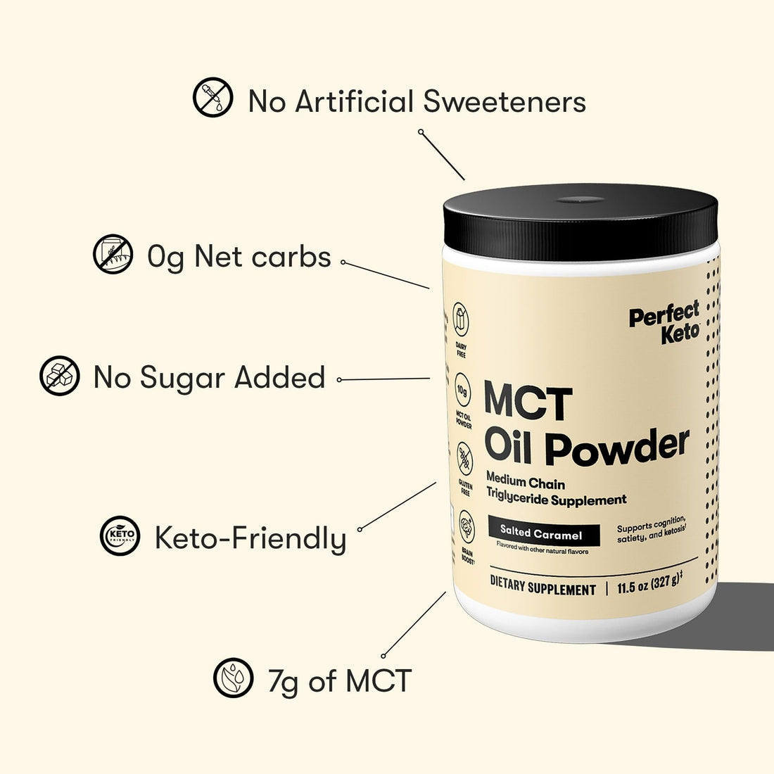 Perfect Keto 7g MCT Oil Powder, Medium Chain Triglycerides Supplement, Non Dairy Coffee Creamer for Keto Diet, Ketogenic MCT Oil Mix for Coffee, Smoothie, Protein Shakes, Salted Caramel, 30 Servings