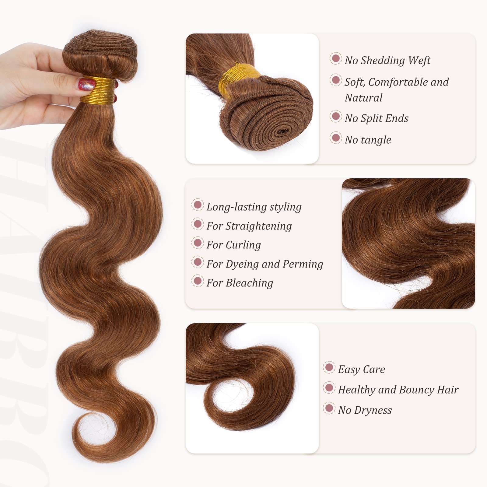 Body Wave Hair One Bundle 100% Human Hair Wavy Sew in Weft Extensions 20 Inch 100g/bundle Peruvian Virgin Hair Weave #30 Auburn