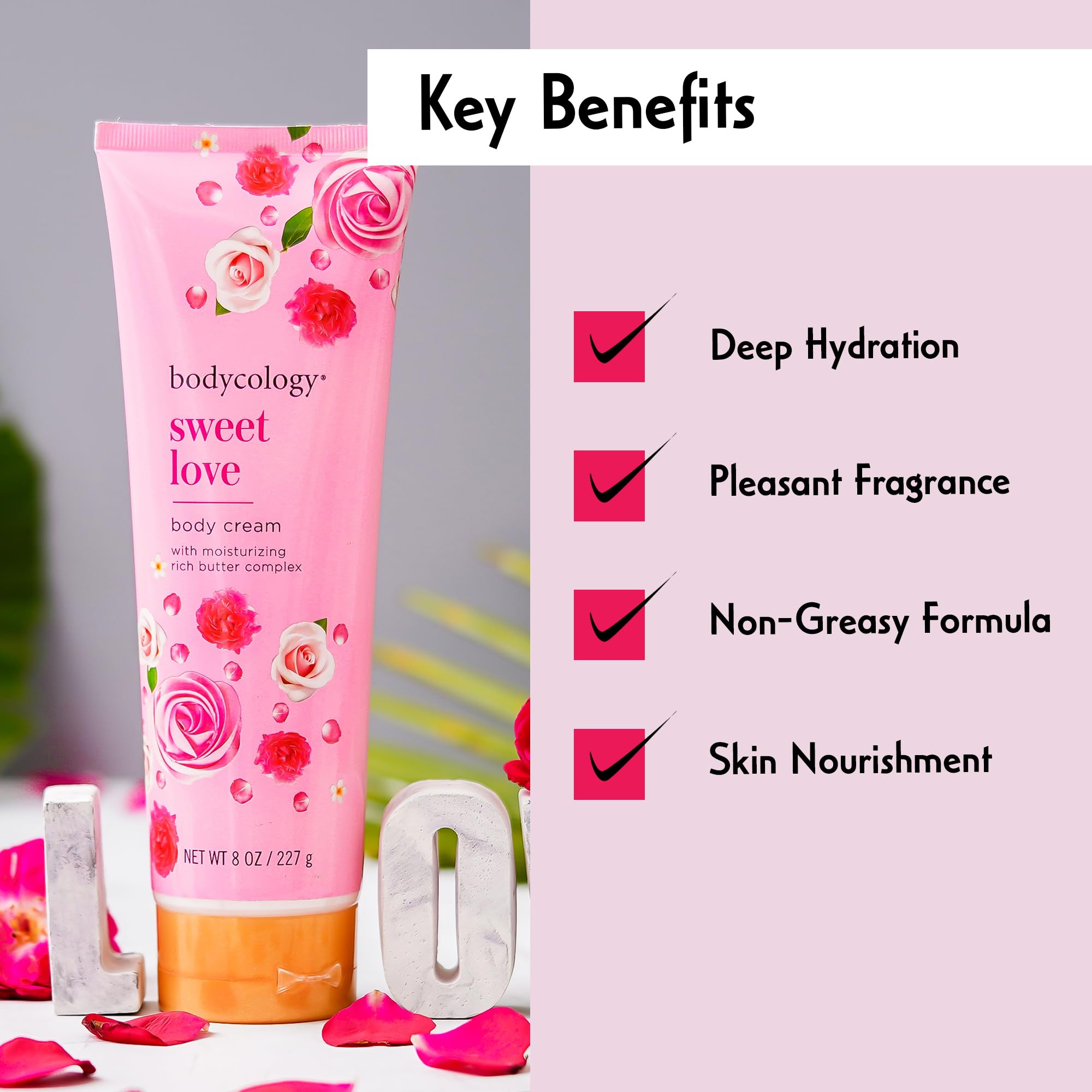 Bodycology Sweet Love Body Cream | Shea Butter, Cocoa Butter, Jojoba Oil | Paraben & Phthalete Free, Cruelty Free | Hydrates, Moisturises, Improves Skin Textures - 227 g (Pack of 1)