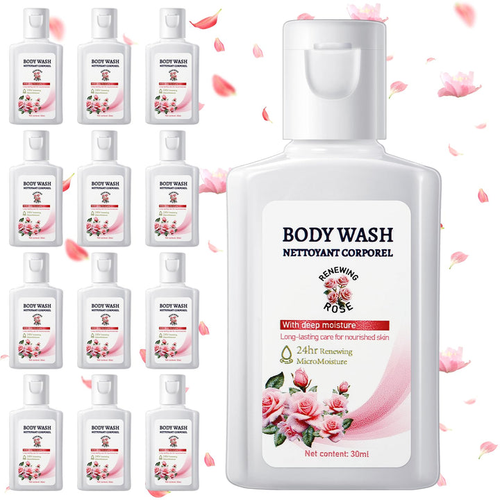 Swiffen 12 Pack Travel Size Body Wash Bulk 1 oz Mini Moisturizing Body Wash for Women Men Coworker Birthday Christmas Mothers Day Teacher Nurse Gift (Rose)