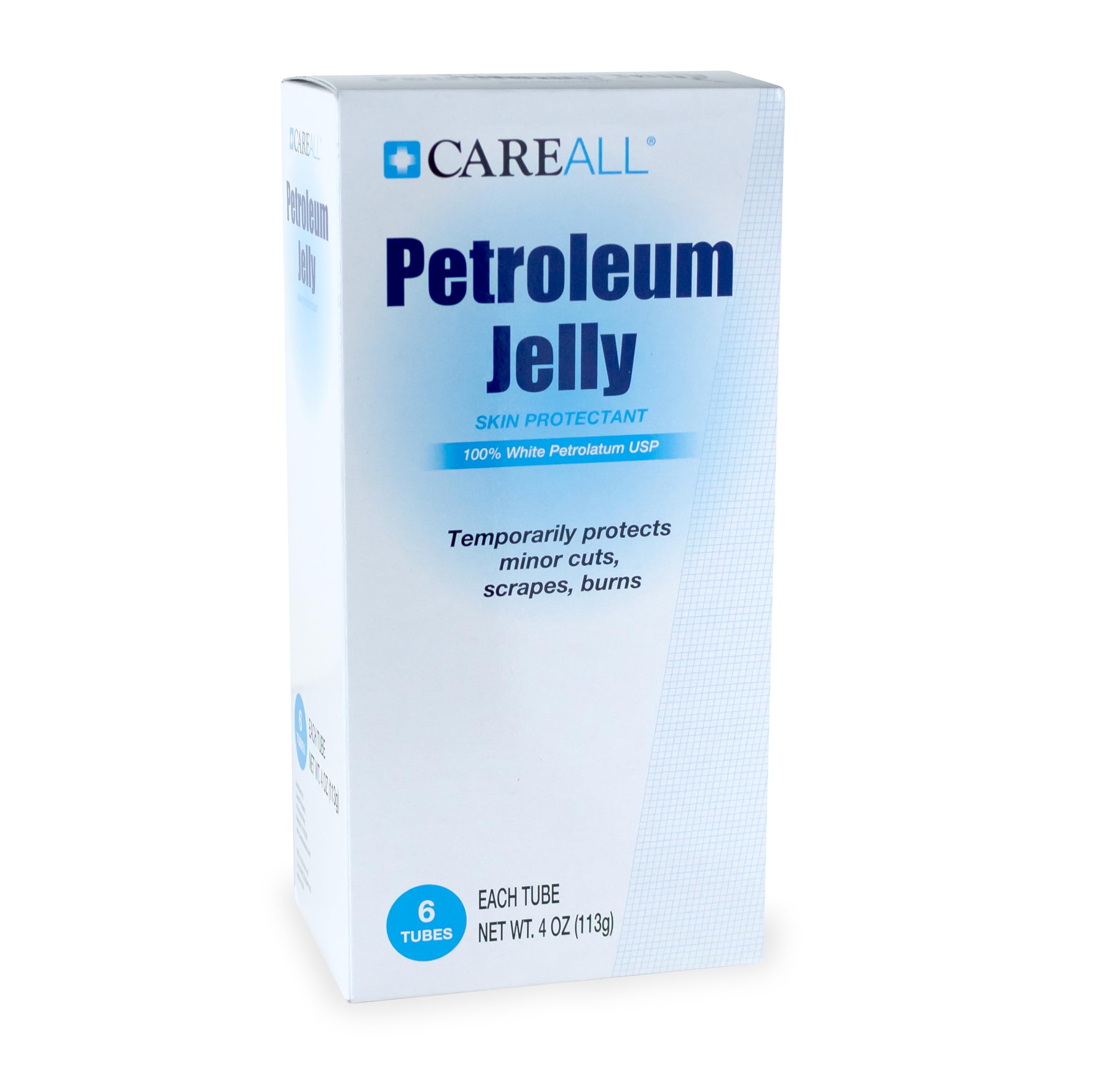 CareALL Petroleum Jelly 4 Oz. Tube (6 Pack), Unscented, 100% Pure White Petrolatum Jelly USP, Moisturizer for Dry Cracked Skin and Lips, Protectant for Minor Cuts, Scrapes, Burns.