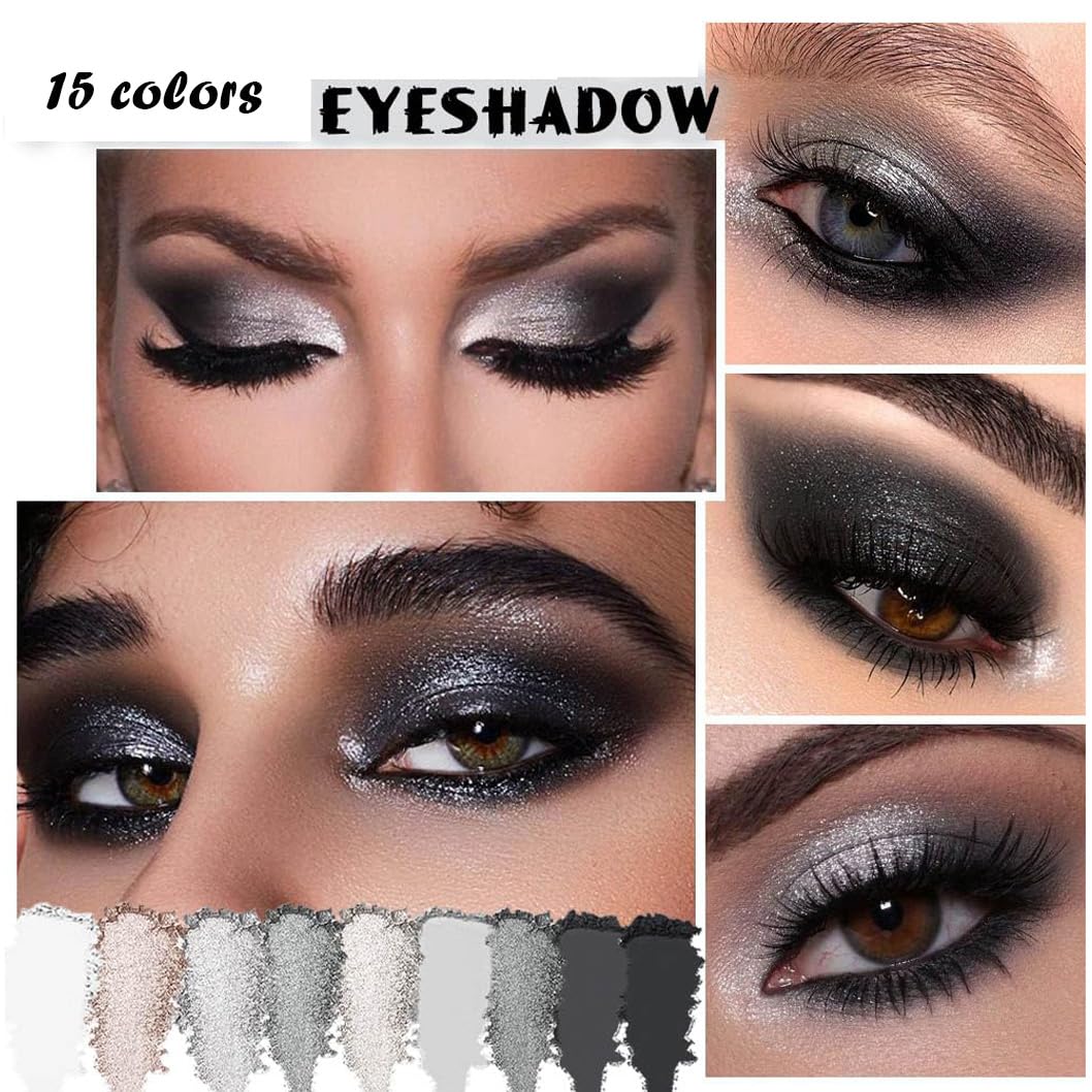 GUANTIAN Black Smoky Eye shadow Palette, 15 Colors True Black Dark Grey Smokey Goth Makeup Pallet, 15 Soft Matte Shimmer High Pigmented Basic White Gray black eyeshadow for woman