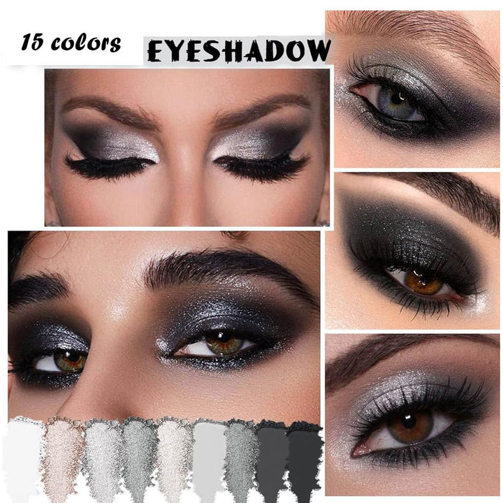 GUANTIAN Black Smoky Eye shadow Palette, 15 Colors True Black Dark Grey Smokey Goth Makeup Pallet, 15 Soft Matte Shimmer High Pigmented Basic White Gray black eyeshadow for woman
