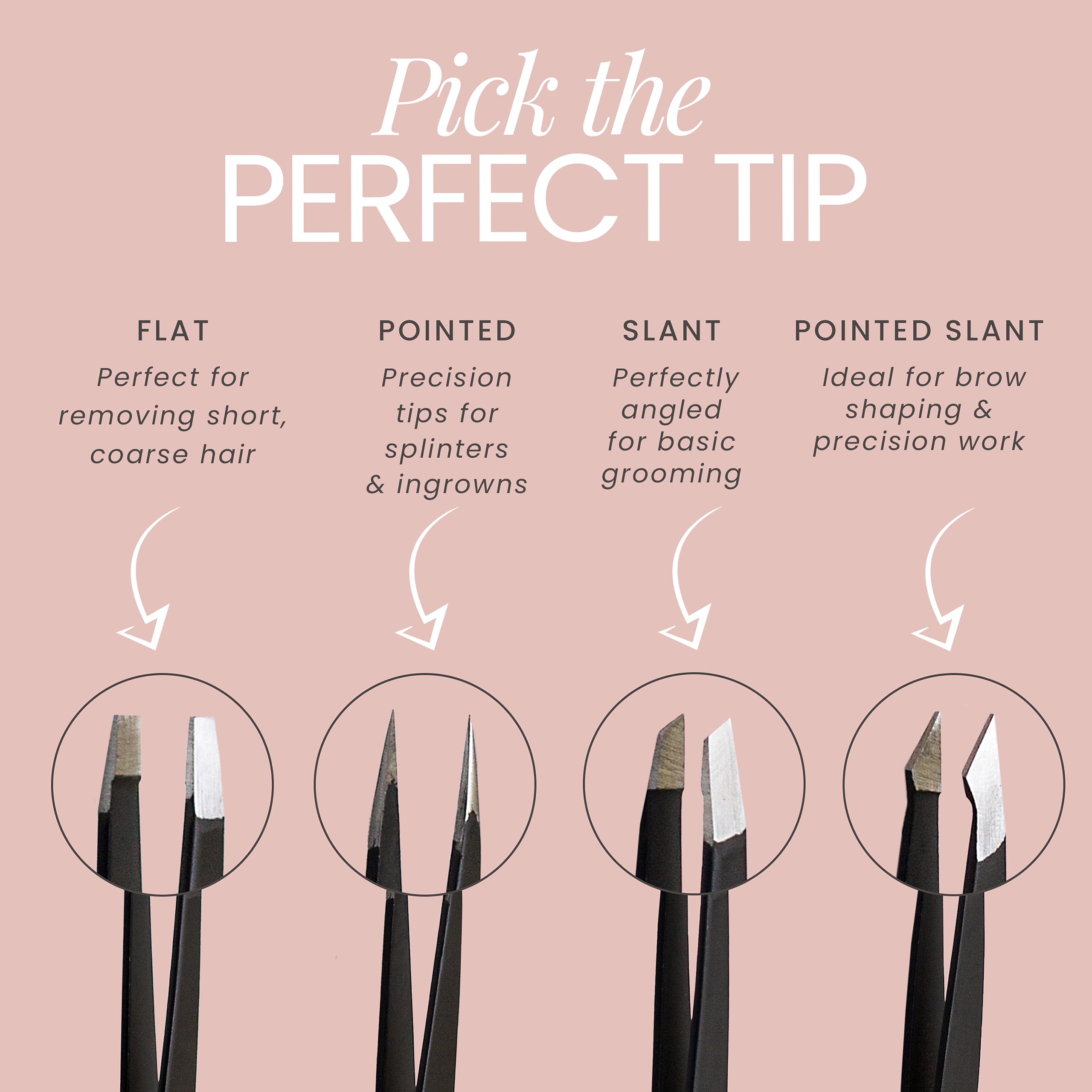 Tweezer Guru Eyebrow Tweezer Set (4-Piece) for Women & Men - Professional Slant and Pointed Tweezers Set with Case - Precision Tweezers Kit for Facial Hair, Splinter and Ingrown Hair Removal