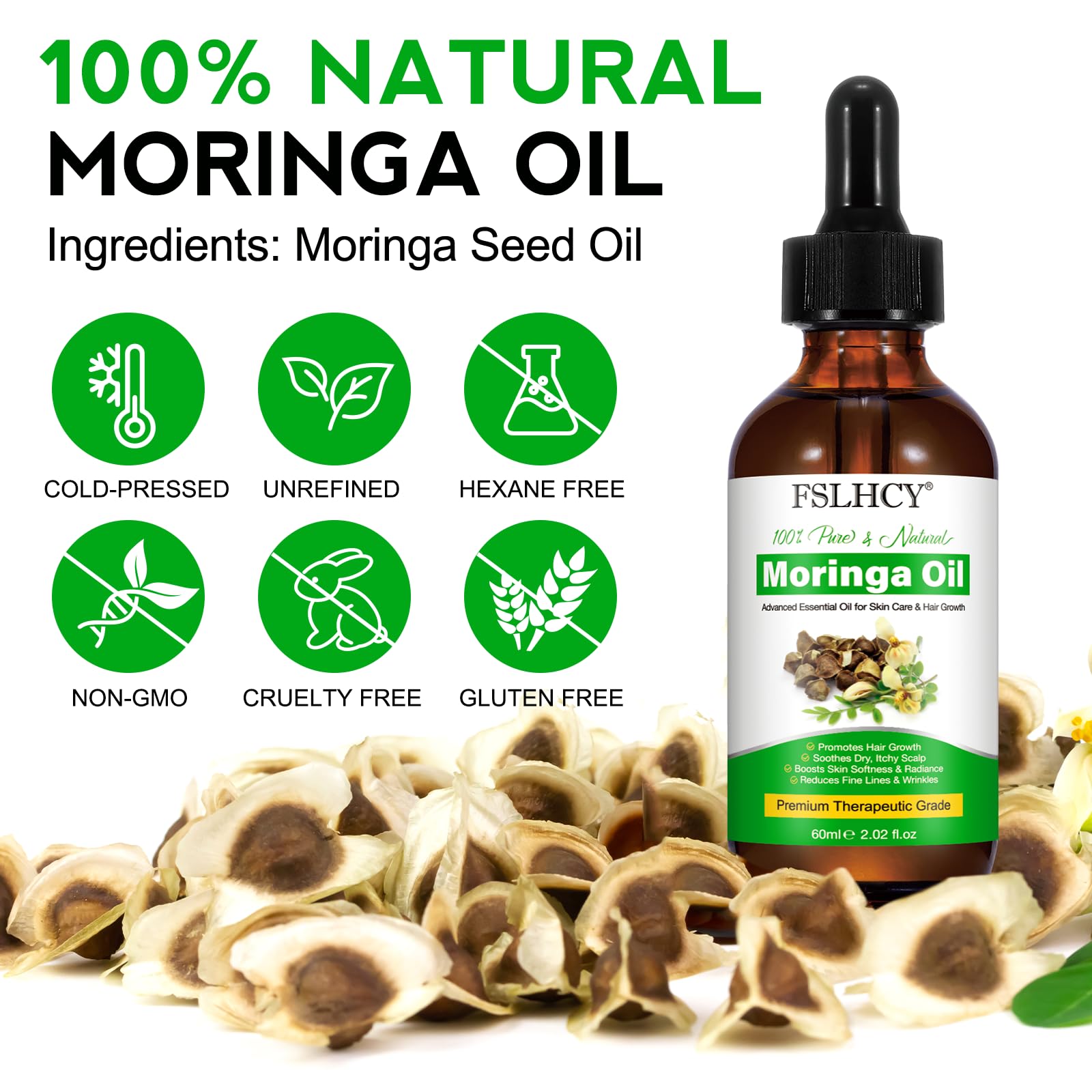 Moringa Oil Pure, Moringa Seed Oil for Face & Hair Growth & Moisturizer & Massage Oil Natural Cold Pressed Reduces Fine Lines, Antioxidant & Anti-ageing (60ML)