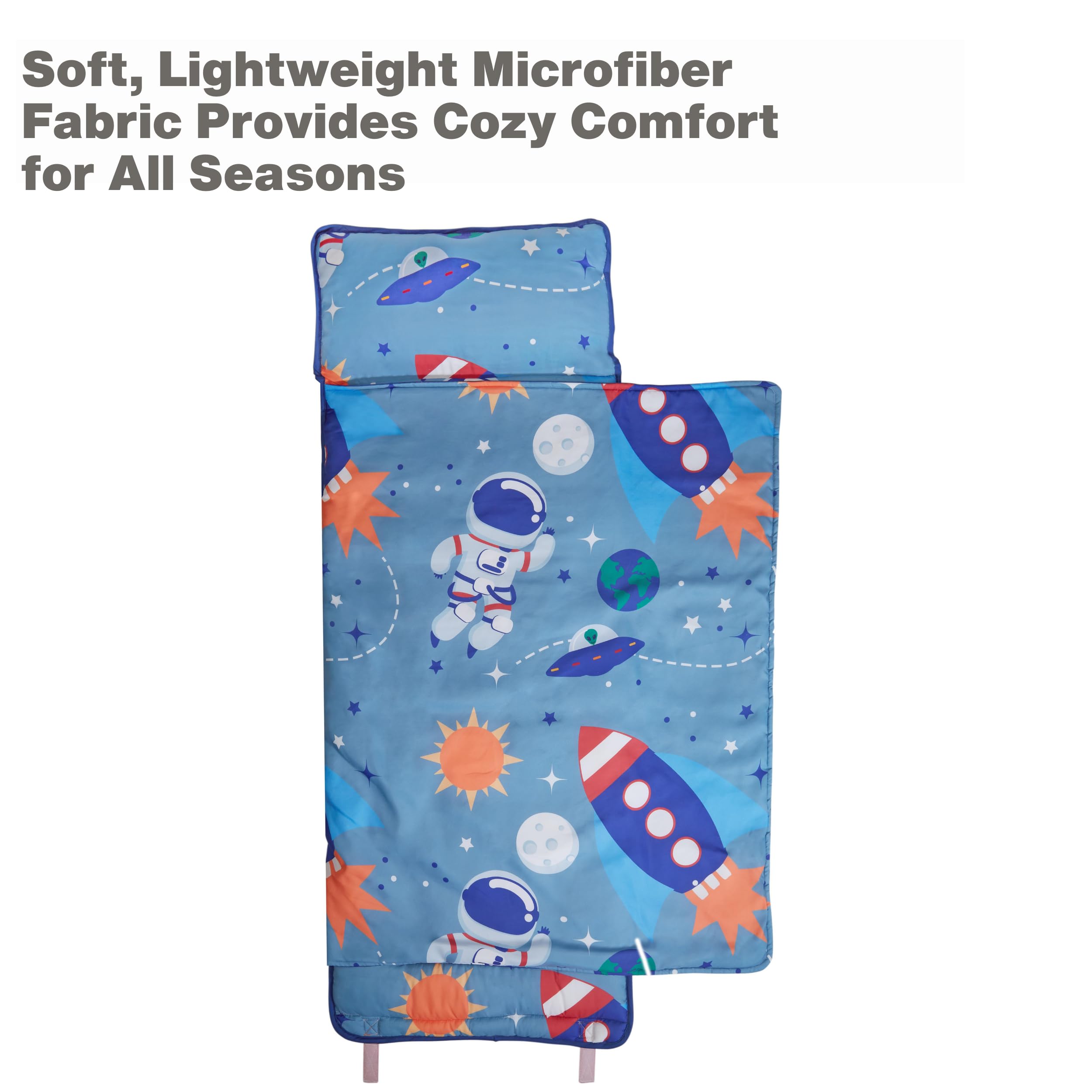 EVERYDAY KIDS Nap Mat w/Removable Pillow -Outer Space Adventures- Carry Handle with Straps Closure, Rollup Design, Soft Microfiber for Preschool, Daycare, Travel Sleeping Bag - Ages 3-6 Years