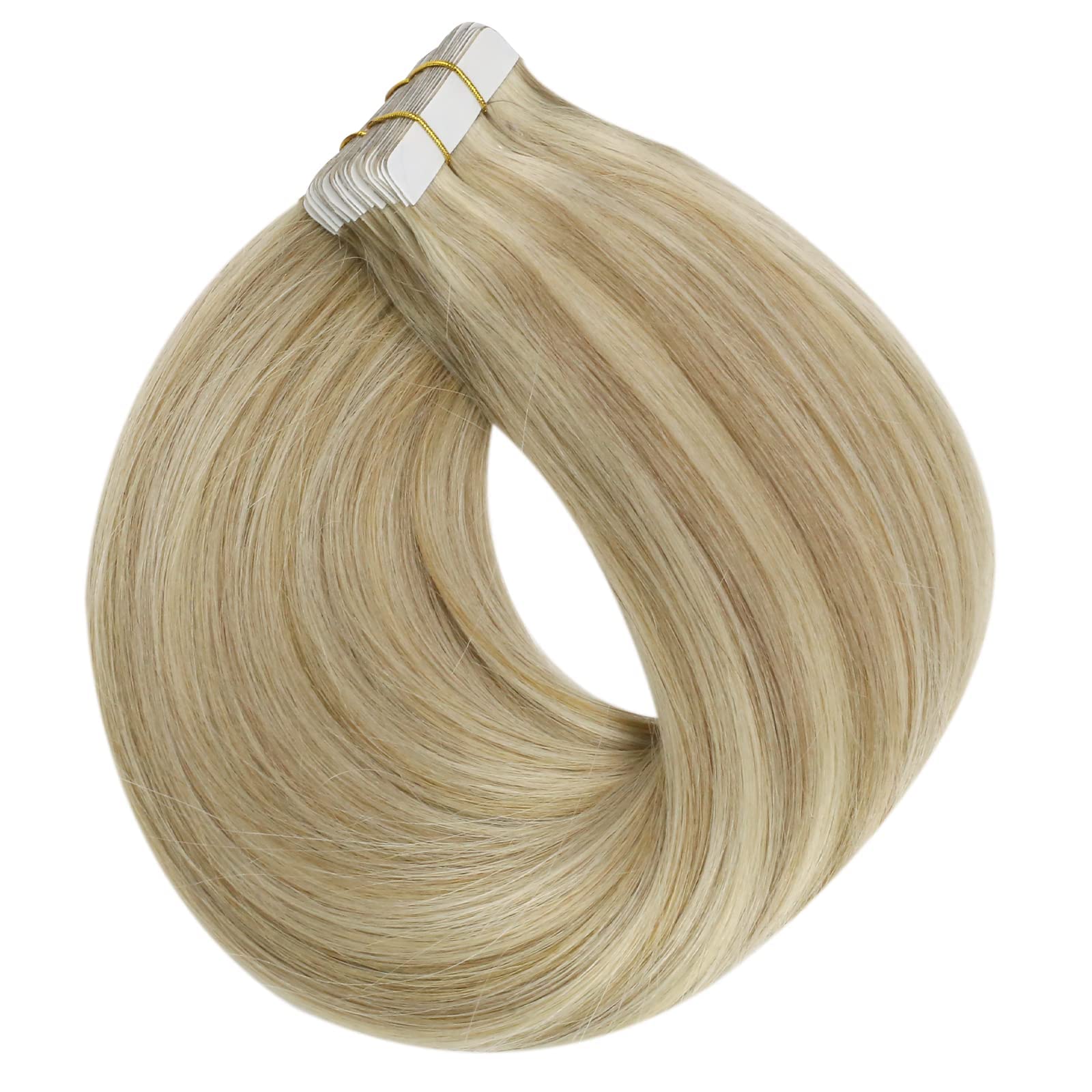 Fshine Remy Tape in Hair Extensions 14 Inch Tape in Real Hair Extensions 50 Grams 20 Pcs Brazilian Hair Glue in Extensions Color 16 Highlighted 22 Light Blonde Tape Hair Extensions