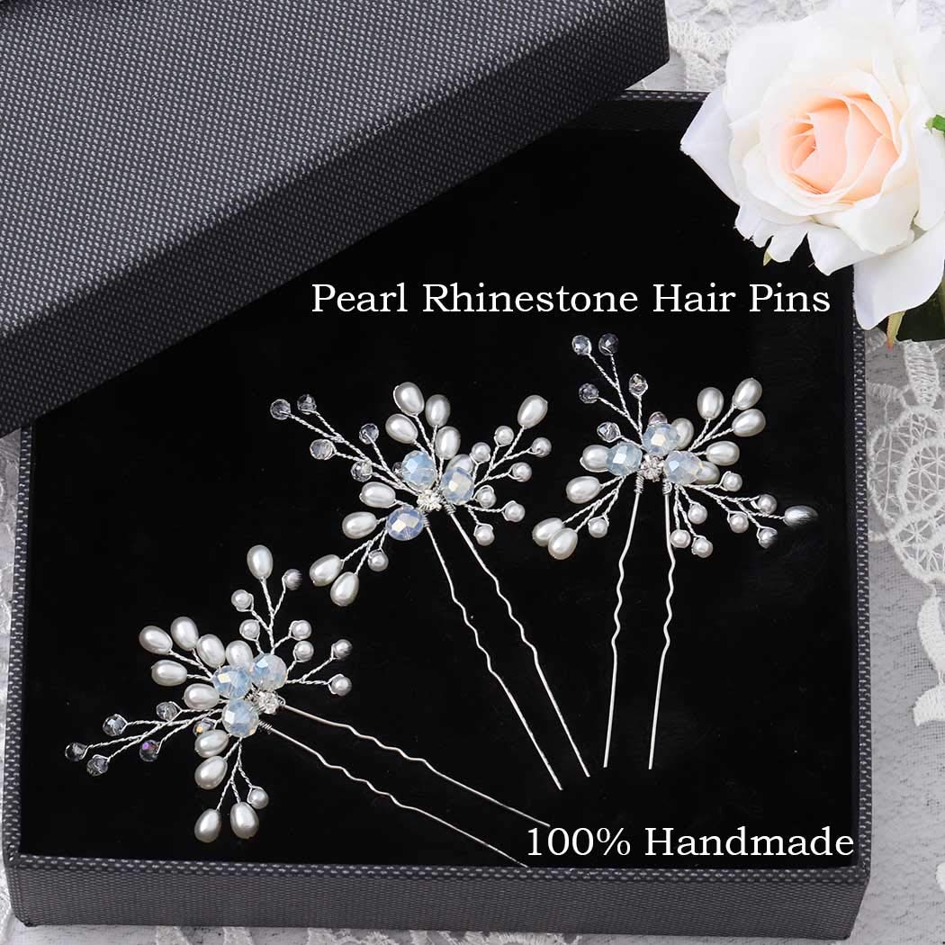 Barode Bride Pearl Wedding Hairpin Rhinestones Bridal Hair Pins Sparkly Crystal Hair Clips Jewelry for Women and Girls (Pack of 2) (Silver)