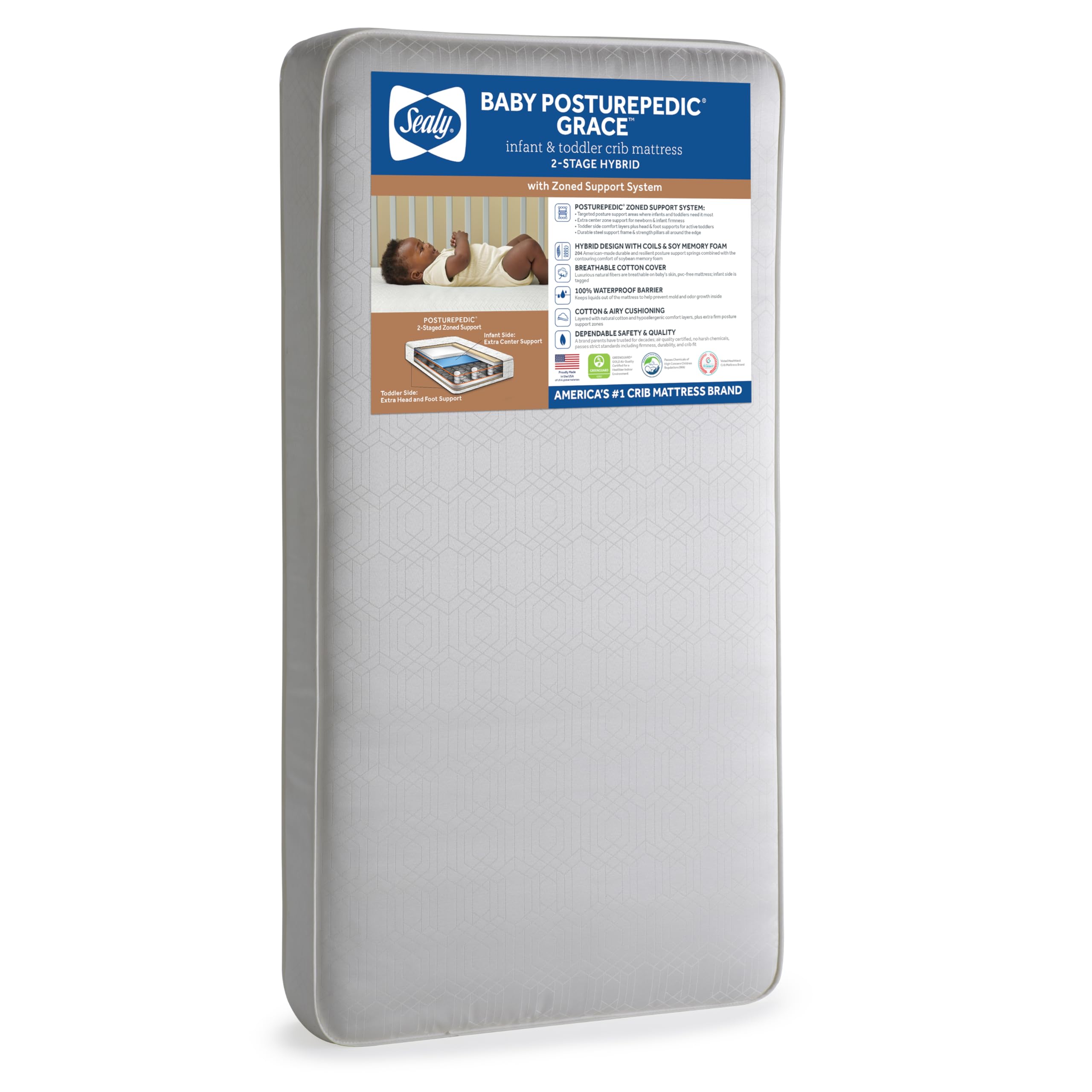 Sealy Baby Posturepedic Grace Hybrid - Firm 2-Stage Crib Mattress with Breathable Waterproof Barrier - GREENGUARD Gold Certified, Soy-enhanced Foam for Infants and Toddlers, Made in the USA (52x28)