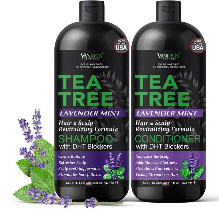 VANIDOX Tea Tree Lavender Mint Shampoo and Conditioner Set with 100% Pure Tea Tree Oil for Itchy, Dry Scalp - Deep Moisturizing & Cleansing - Sulfate & Paraben Free - Made in USA - 16 fl oz Each