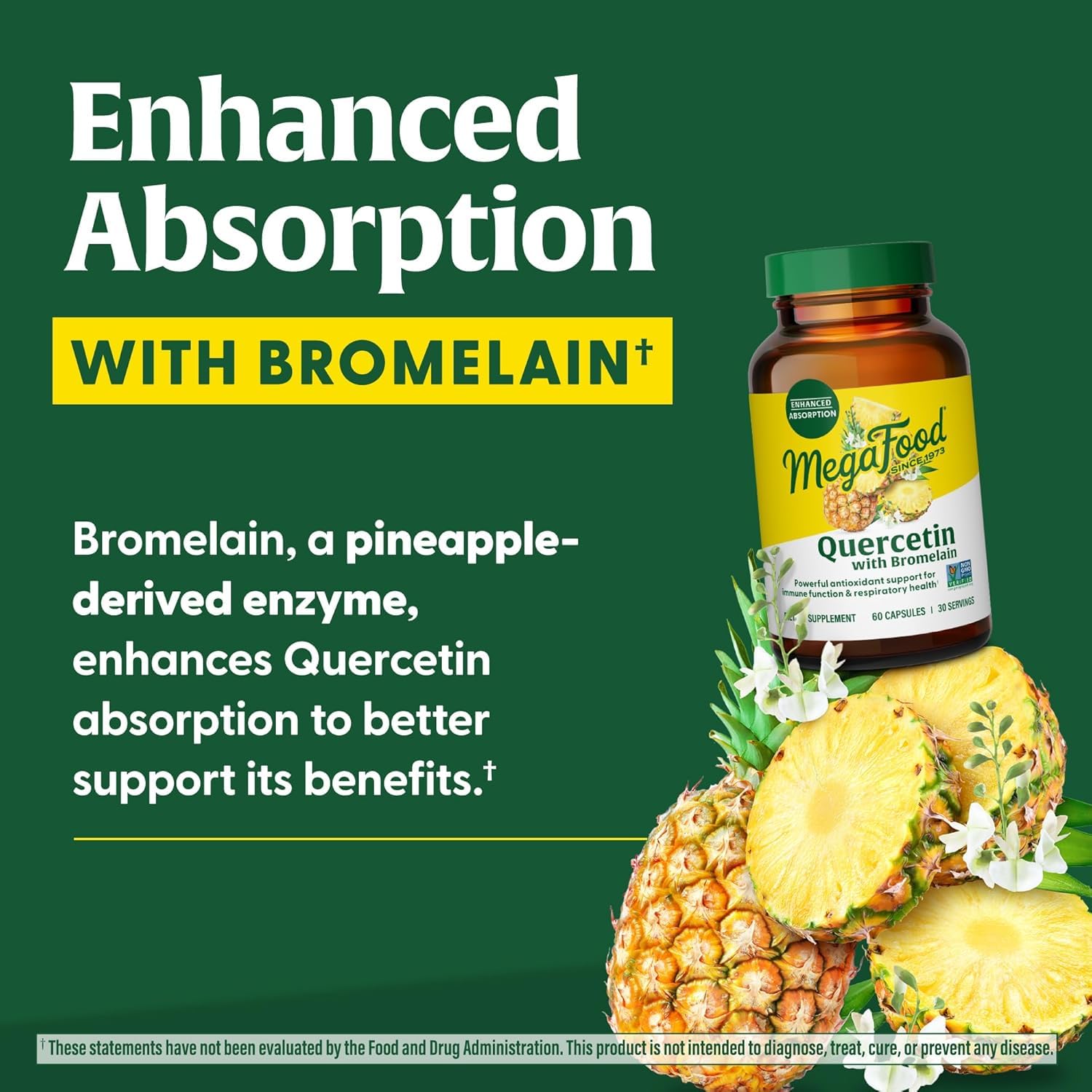 MegaFood Quercetin with Bromelain - Respiratory & Seasonal Immune Support Supplement - Quercetin 500mg Capsules & Enhanced Absorption with Bromelain - Vegan, Gluten-Free - 60 Capsules, 30 Servings