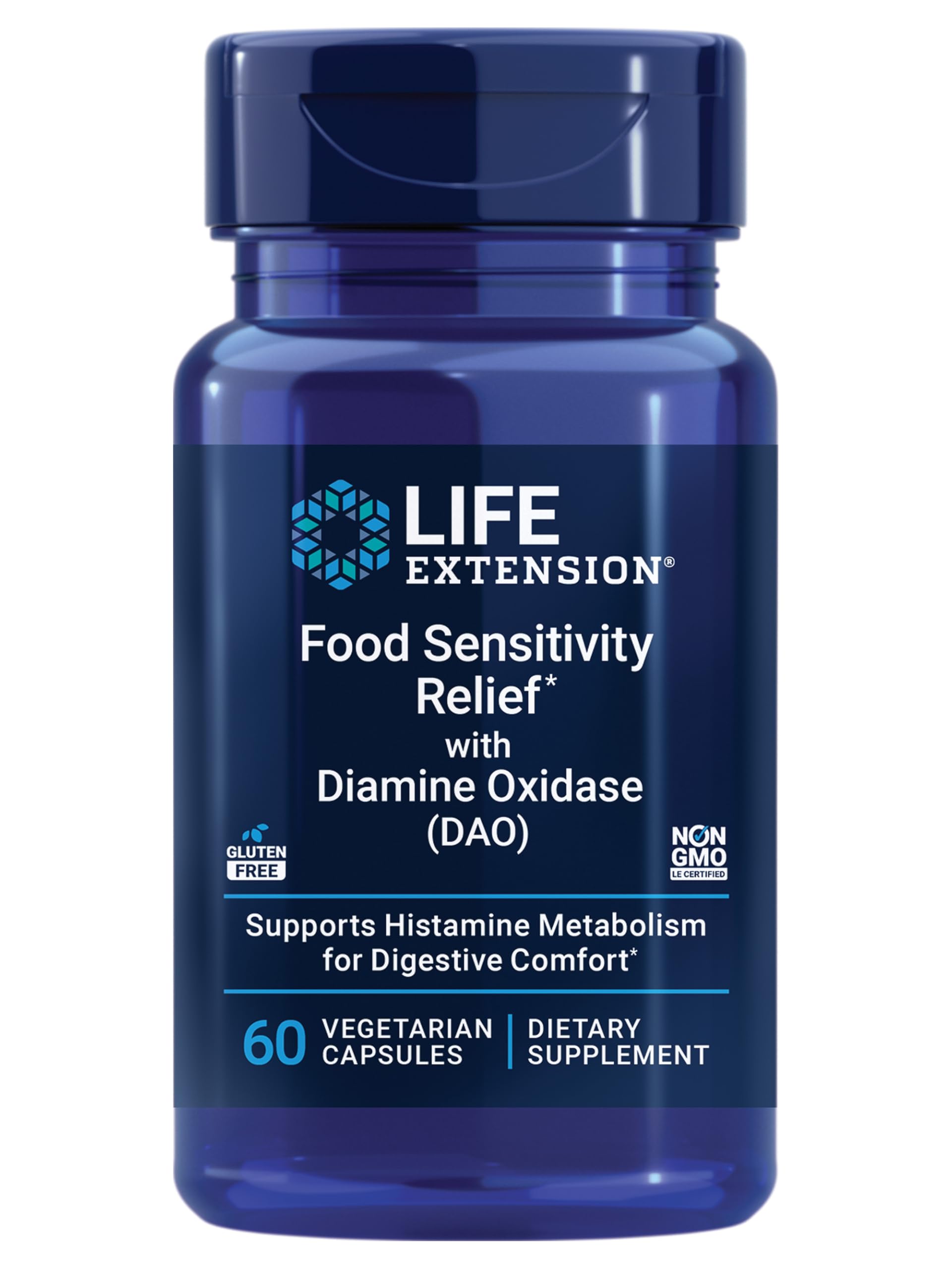 Life Extension Food Sensitivity Relief with Diamine Oxidase (DAO), Occasional Gas, Digestive Comfort, histamine Sensitivity, DAO Enzyme Supplement, Gluten Free, Non-GMO, Vegetarian, 60 Capsules
