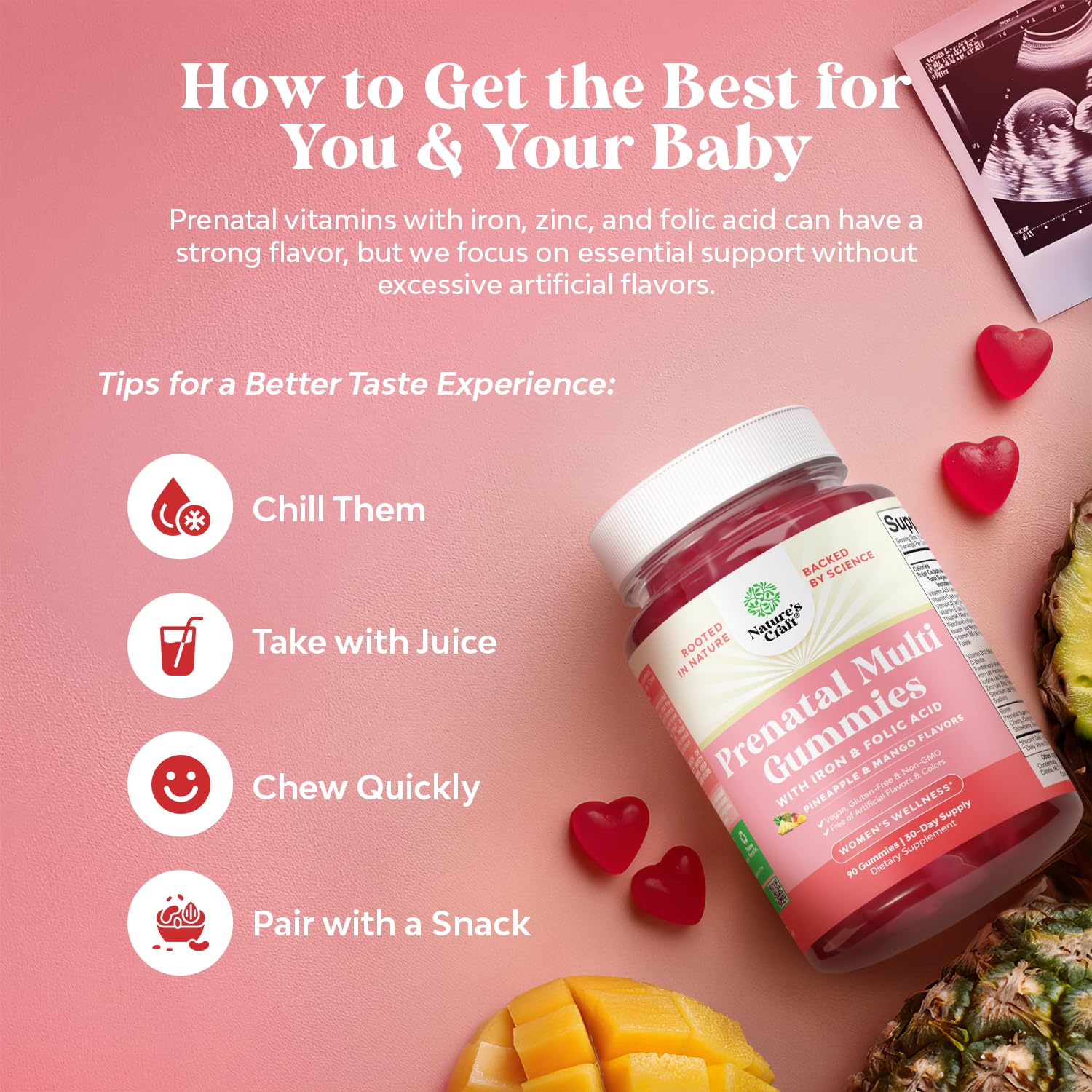 Natures Craft Vegan Prenatal Gummies for Women - Gummy Prenatal Vitamins for Women with Iron Folic Acid and Superfruit Blend - Chewable Vitamins Gummy Formula (Pineapple Mango) 1 Month